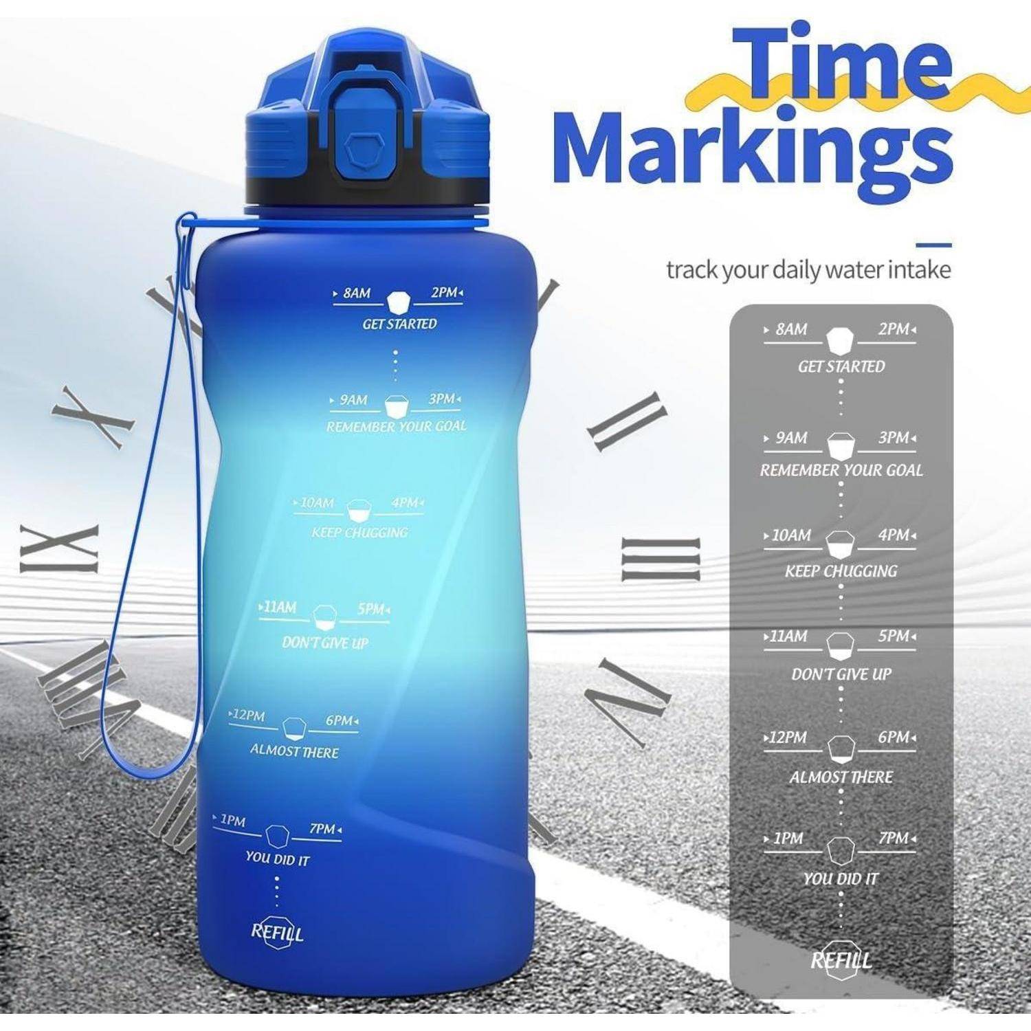 Eine blaue Wasserflasche mit Zeitmarkierungen von 8 Uhr morgens bis 19 Uhr, die mit motivierenden Sätzen versehen ist, um die tägliche Wasseraufnahme zu verfolgen.