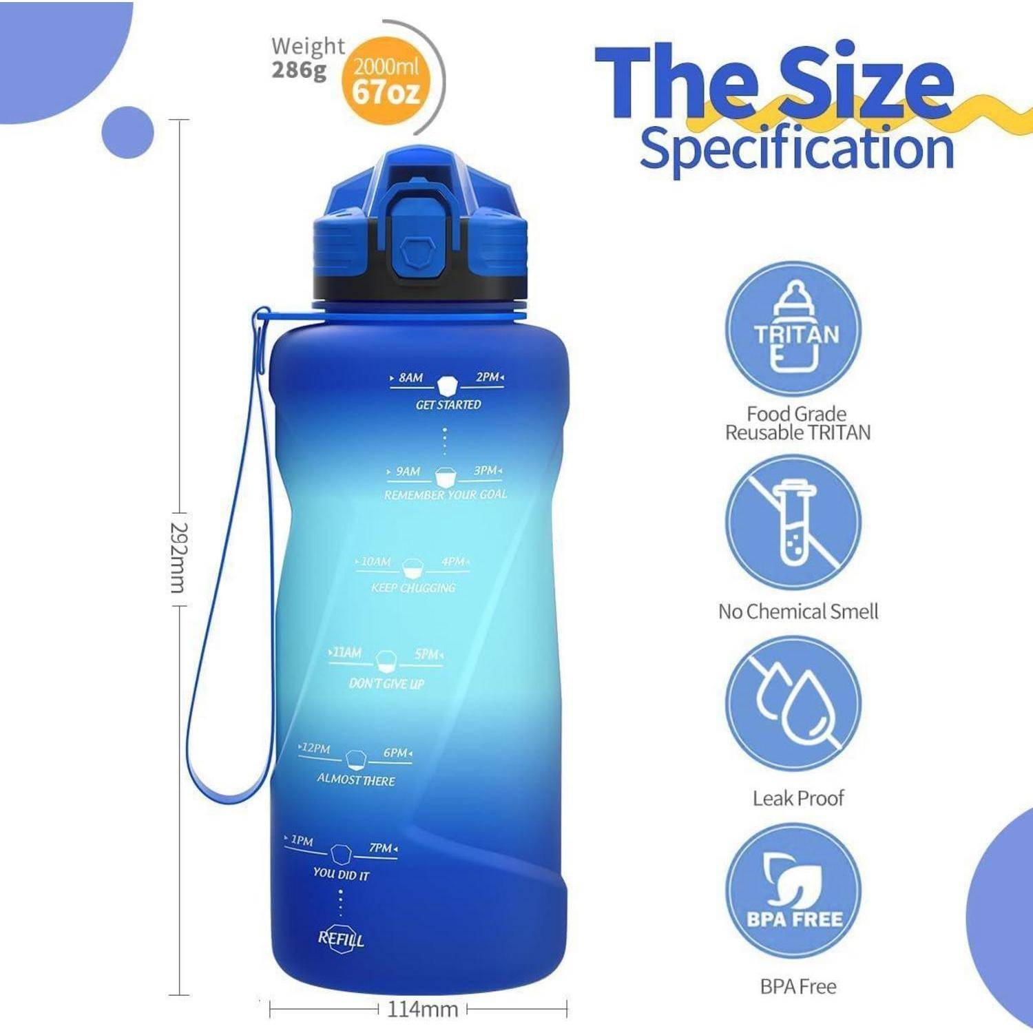 Größenspezifikation für eine blaue Wasserflasche: 67 oz/2000 ml Kapazität, 288 g Gewicht, 32 cm Höhe. Eigenschaften umfassen Tritan-Material, auslaufsicher, BPA-frei.
