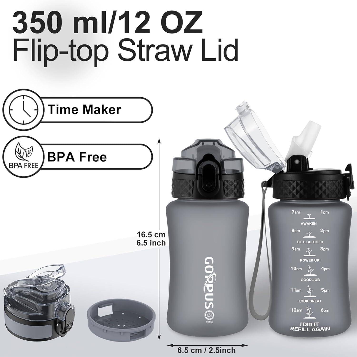 Bild von zwei 350 ml/12 oz Wasserflaschen mit Klappdeckel und Strohhalmlid. Enthält Symbole für Zeitmarker und BPA-frei. Höhe: 16,5 cm, Durchmesser: 2,5 Zoll.
