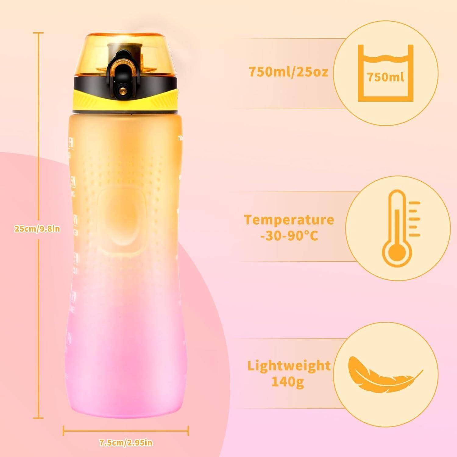 Trinkflasche Zeitmarkierung Tritan BPAfrei 750 ml Gelb Rosa