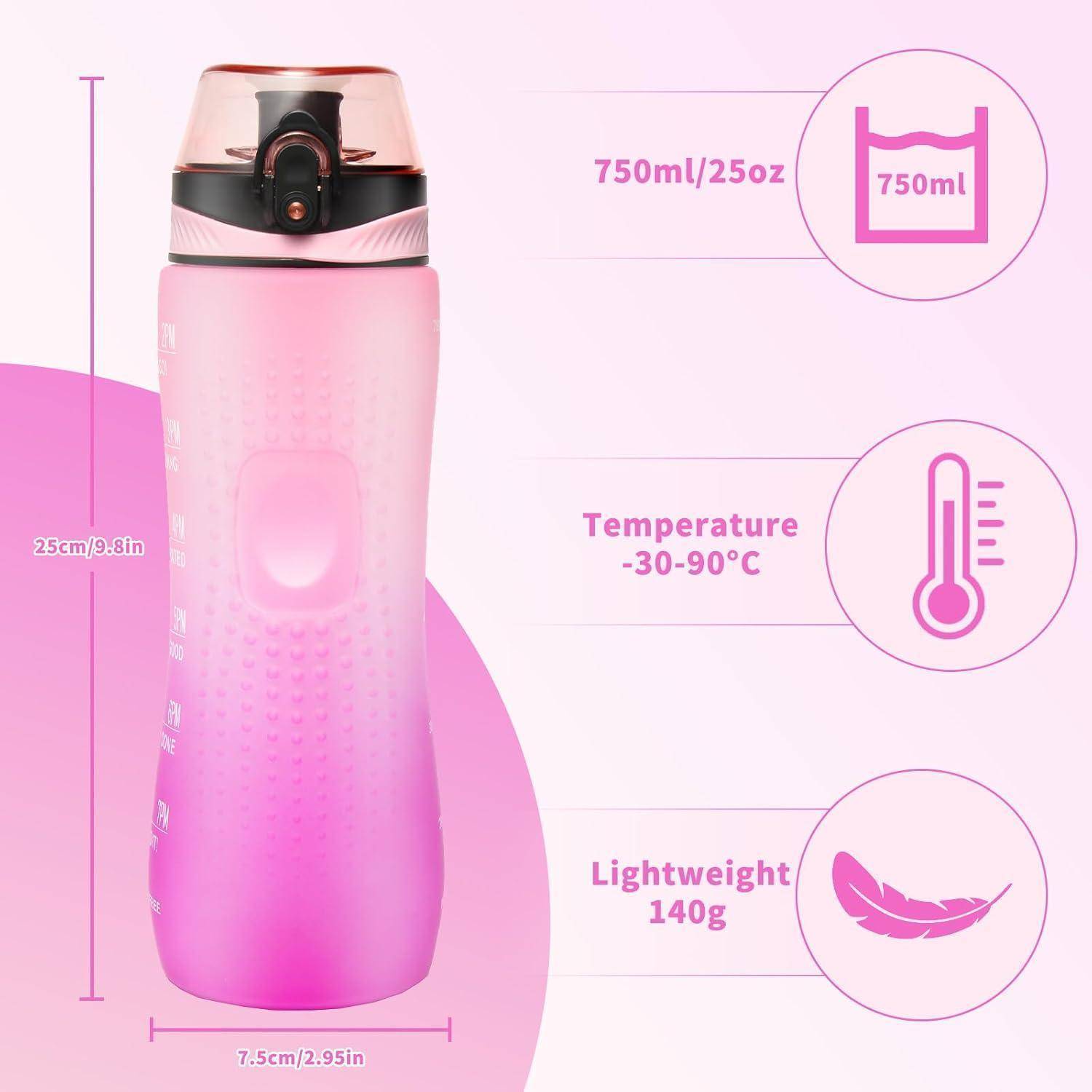 Rosa Wasserflasche mit schwarzem Deckel, fasst 750ml/25oz, verträgt Temperaturen von -30-90°C, misst 25cm x 7,5cm und ist leicht mit nur 140g.