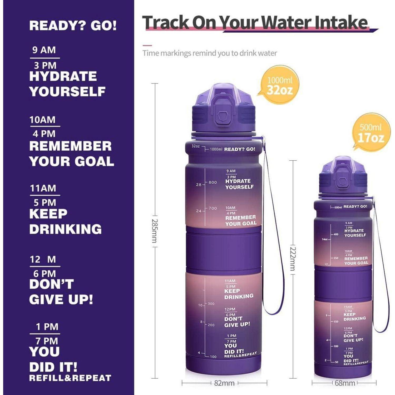 Zwei Wasserflaschen mit Zeitmarkierungen zur Verfolgung der täglichen Wasseraufnahme. Textaufforderungen alle zwei Stunden motivieren zur Hydration von 9 Uhr bis 19 Uhr.