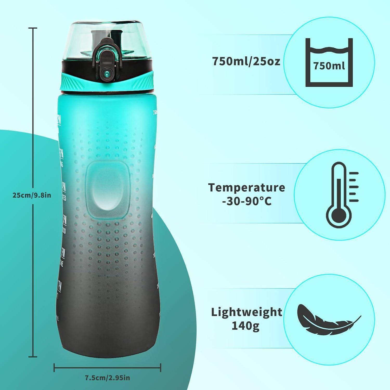 Blaue Wasserflasche, beschriftet mit 750ml/25oz, misst 25 cm in der Höhe und 7,5 cm in der Breite. Widersteht Temperaturen von -30 bis 90°C, wiegt 140g.
