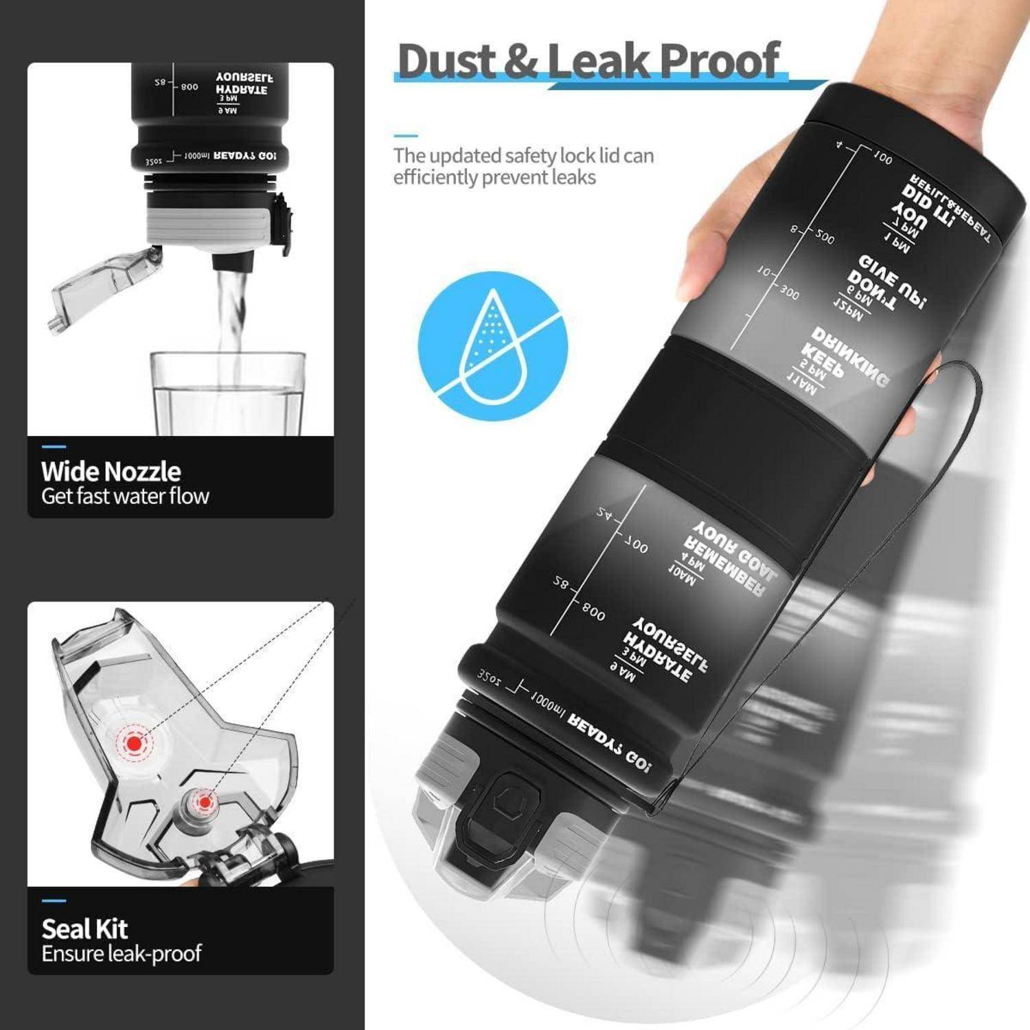 Trinkflasche 1l Kinder Auslaufsicher BPAfrei 1000 ml Schwarz-weiß