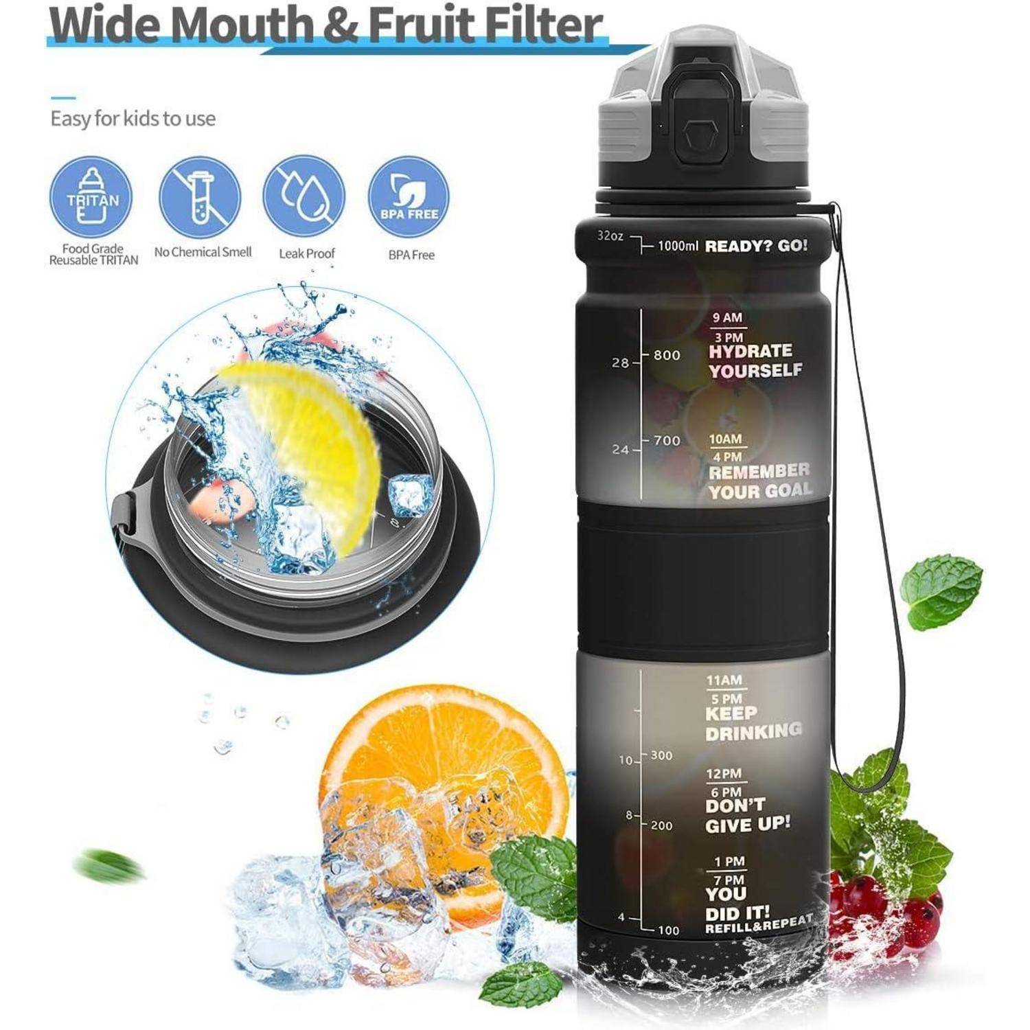 Trinkflasche 1l Kinder Auslaufsicher BPAfrei 1000 ml Schwarz-weiß