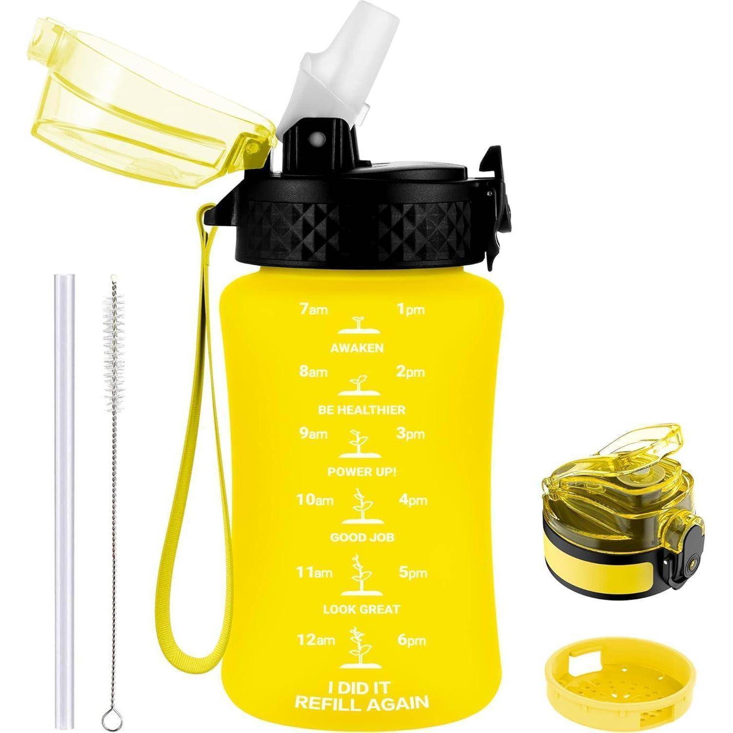 Gelbe Wasserflasche mit motivierenden Zeitmarkierungen von 7 Uhr morgens bis 21 Uhr. Ausgestattet mit einem Strohhalm, einer Bürste und einem sicheren Deckel für einfache Reinigung und Transport.