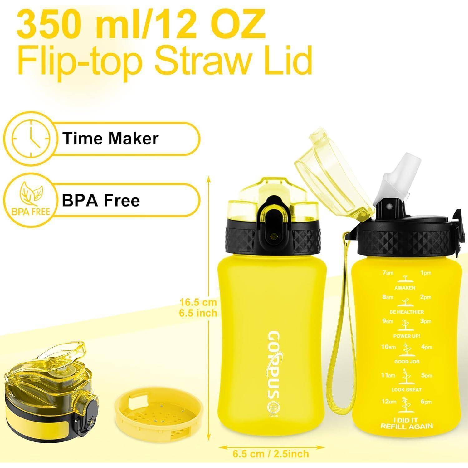 Gelbe Wasserflasche mit 350 ml/12 OZ und Klappdeckel-Trinkhalm. Merkmale umfassen Zeitmarkierung, BPA-frei, Messanzeigen und motivierende Zitate.