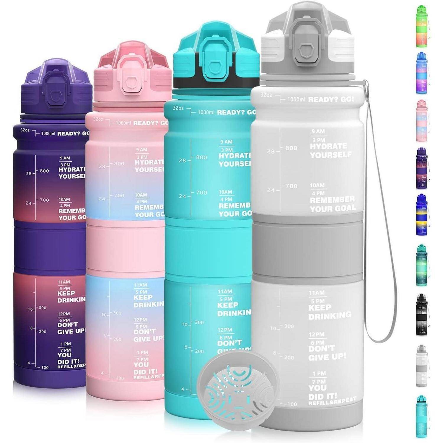 Bunte Wasserflaschen mit Zeitmarkierungen und motivierenden Sprüchen wie ‚Hydratisiere dich' und ‚Weiter trinken' zur Verfolgung der täglichen Wasseraufnahme.