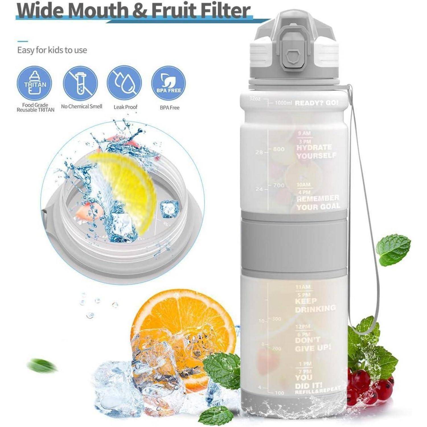 Wasserflasche mit Funktionen: motivierende zeitmarkierte Erinnerungen, große Öffnung, Fruchtfilter, BPA-frei, auslaufsicher, mit Beeren.