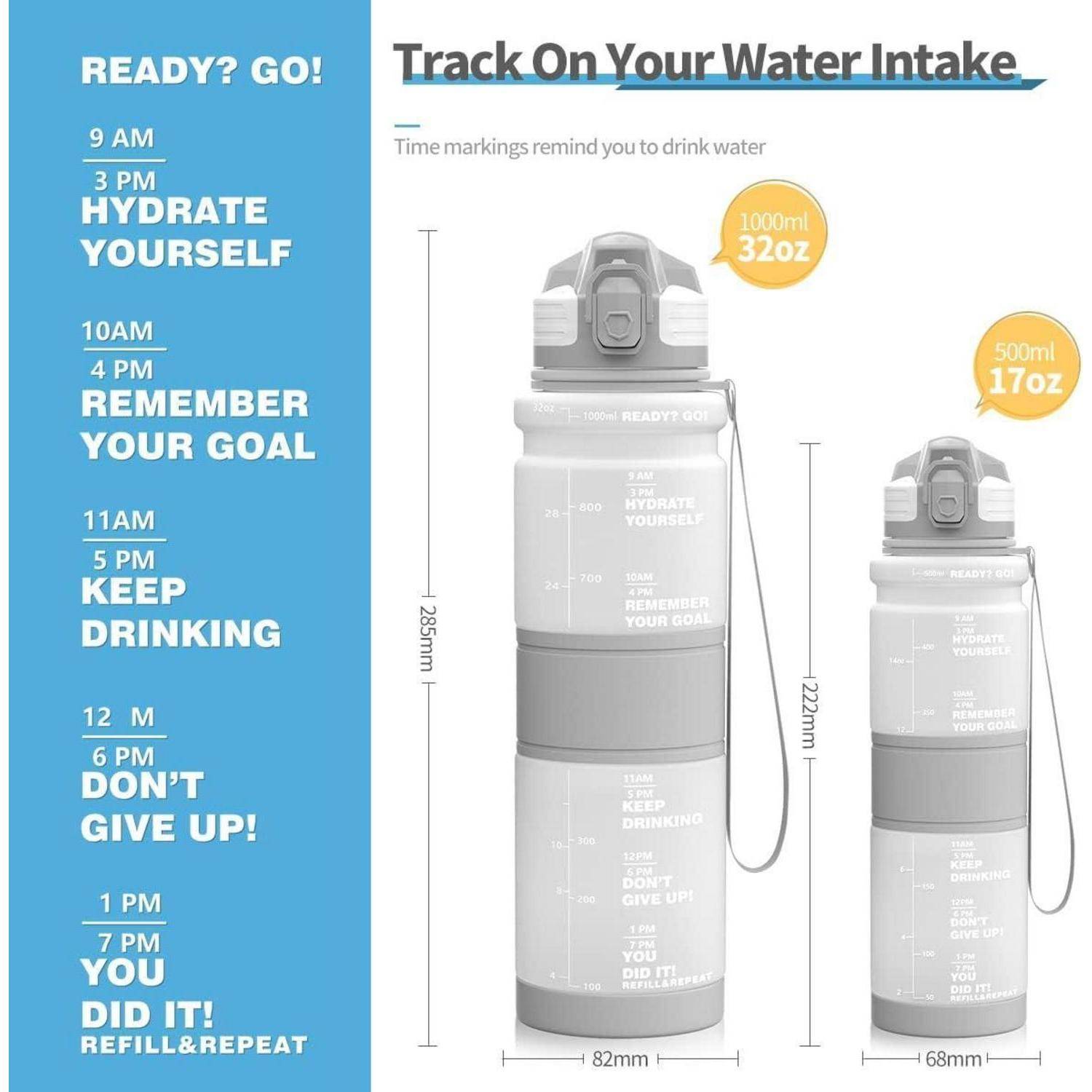 Verfolge deinen Wasserkonsum mit zwei Flaschen in den Größen 1000ml und 500ml, die mit Erinnerungen wie ‚Hydratisiere dich' und ‚Denk an dein Ziel' markiert sind.