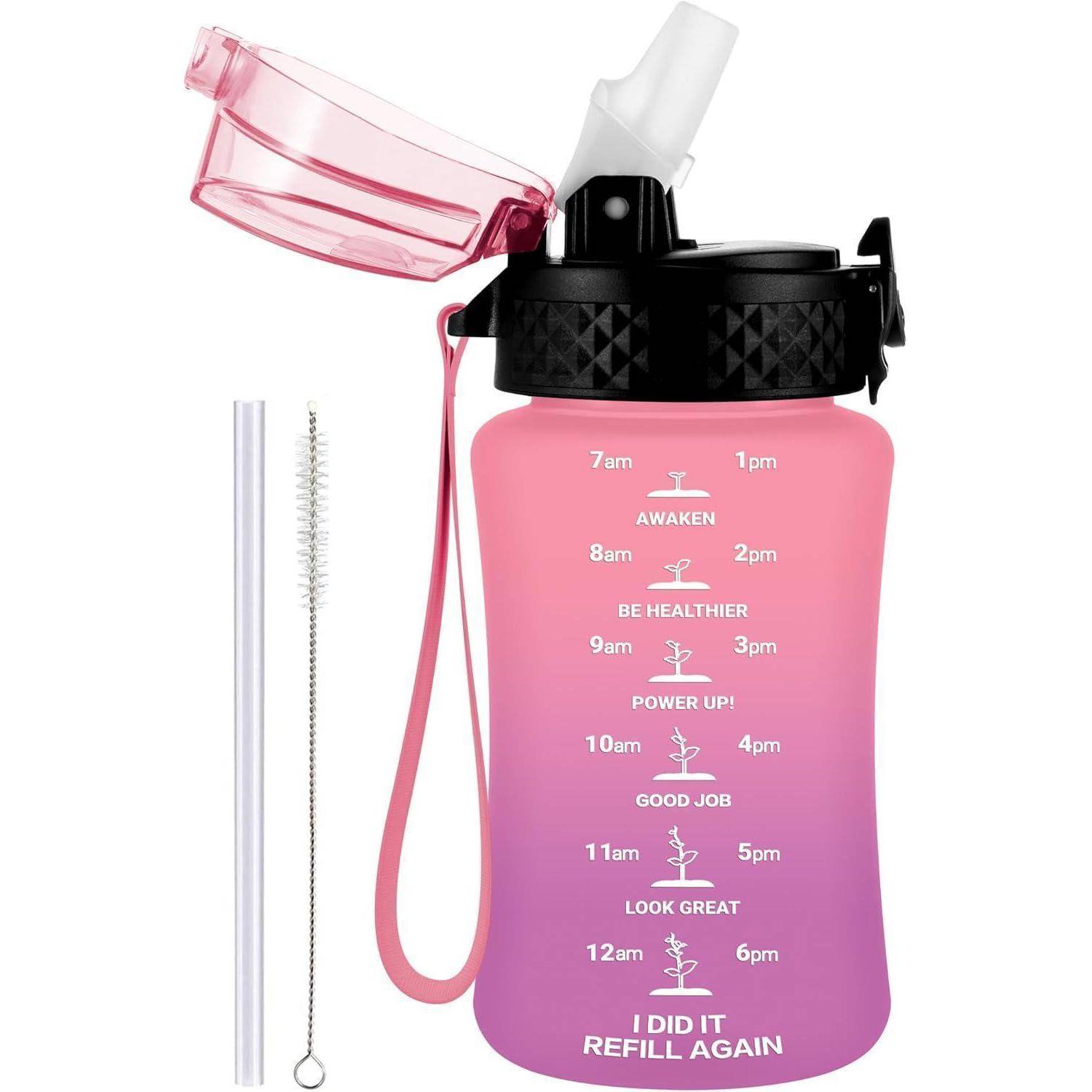 Rosa und lila Farbverlauf Wasserflasche mit Zeitmarkierungen und motivierenden Phrasen wie ‚Erwachen', ‚Energie tanken!' und ‚Ich habe es geschafft!'. Inklusive Strohhalm und Reinigungsbürste.