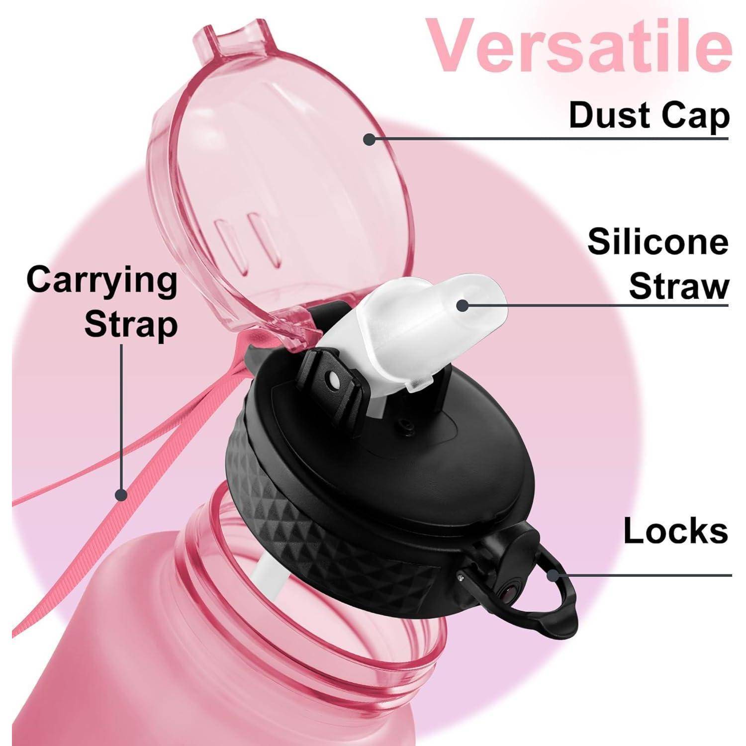 Vielseitige Wasserflasche mit offener Deckelöffnung, mit Hervorhebung der Merkmale: Staubschutzdeckel, Silikontrinkhalm, Verschlüsse und Trageriemen.