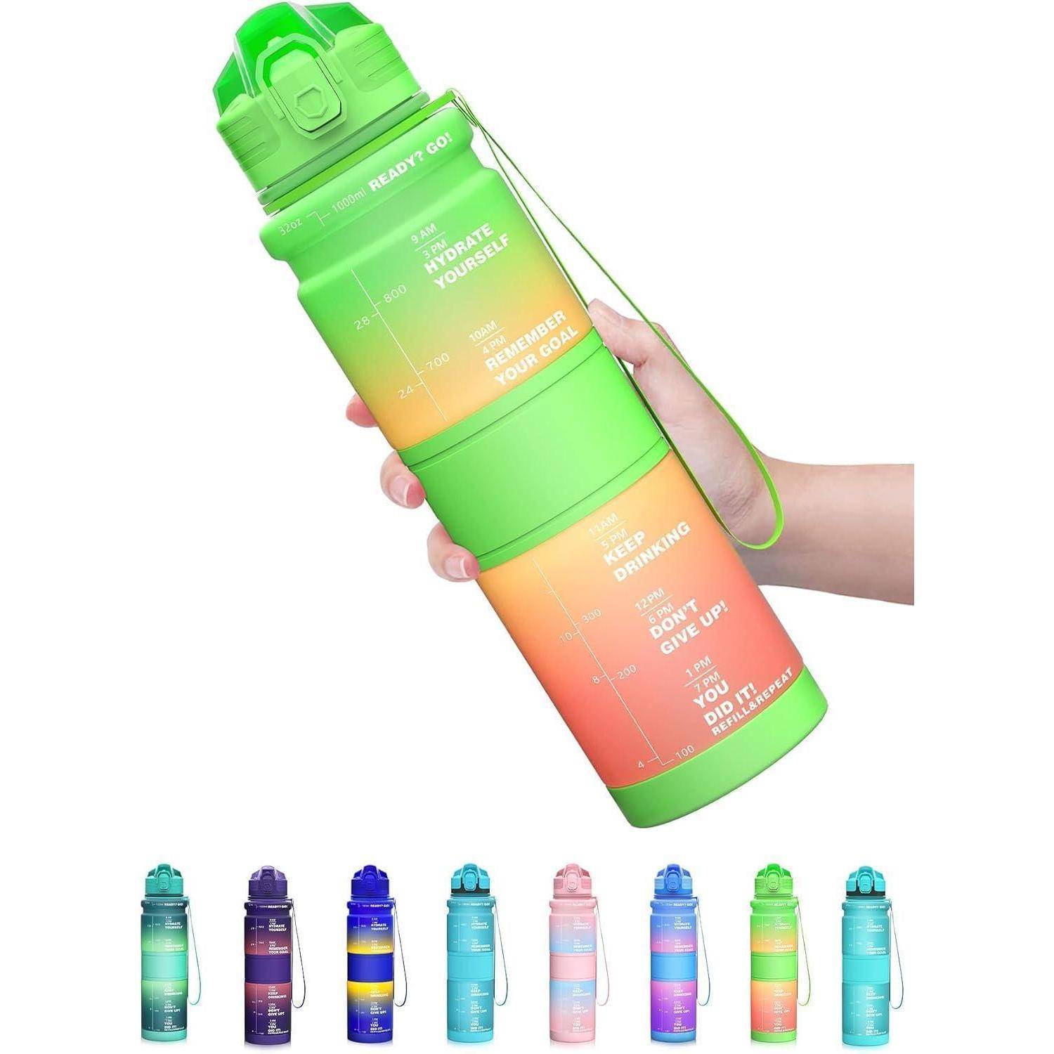 Eine Hand, die eine Wasserflasche mit Verlaufsfarbton hält, die mit Zeitmarkierungen und motivierenden Sprüchen beschriftet ist und tägliche Hydrationsziele anzeigt.
