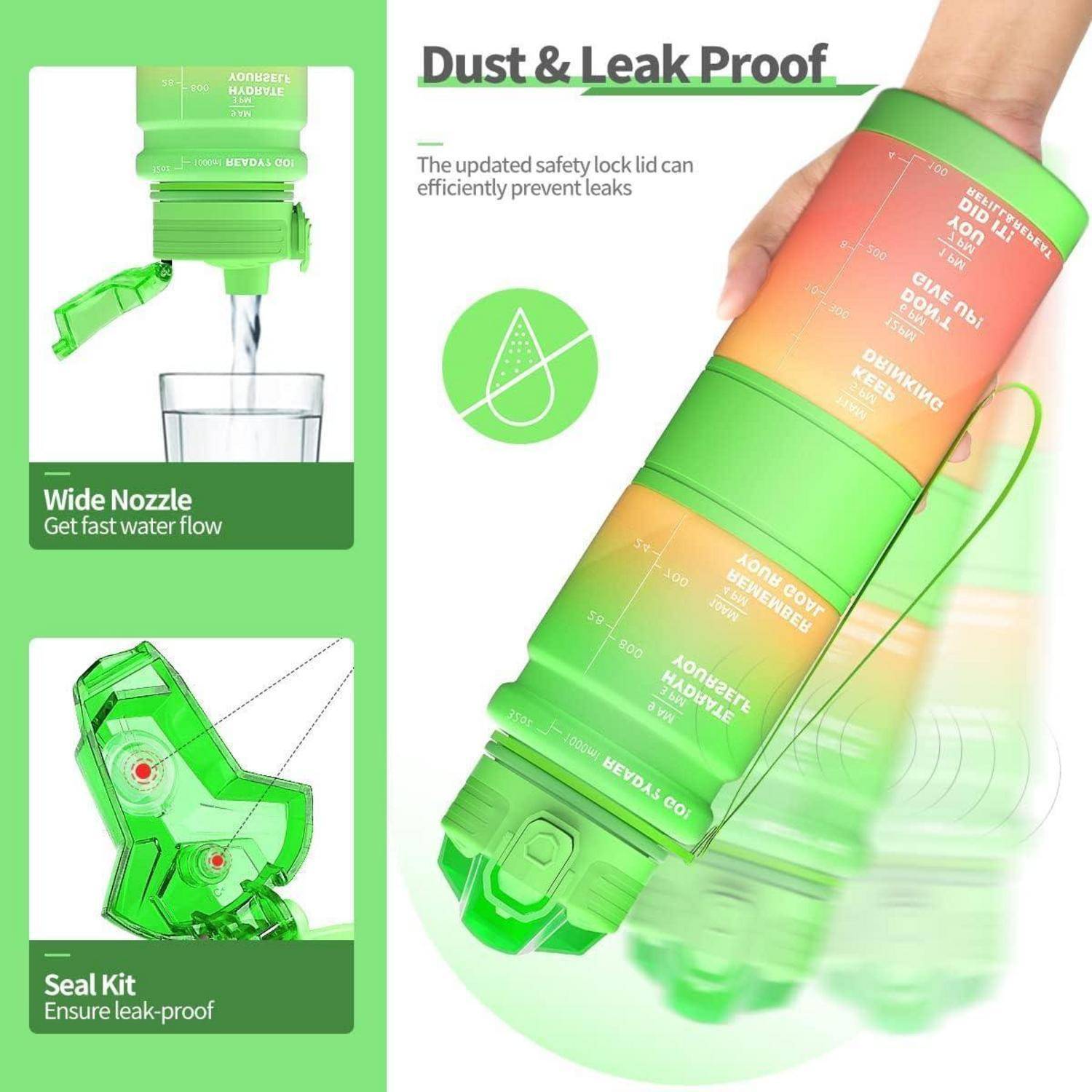 Eine Hand hält eine grün-orange Wasserflasche mit der Aufschrift „Staub- & Auslaufsicher