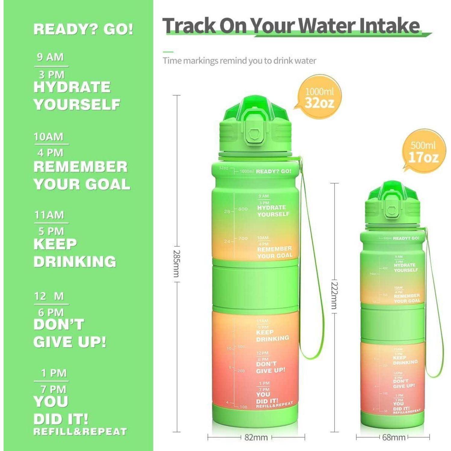 Zwei grüne Wasserflaschen mit zeitlich markierten Erinnerungen: ‚Bereit? Los!', ‚Hydratisiere dich', ‚Denk an dein Ziel', ‚Weiter trinken', ‚Gib nicht auf!', ‚Du hast es geschafft!