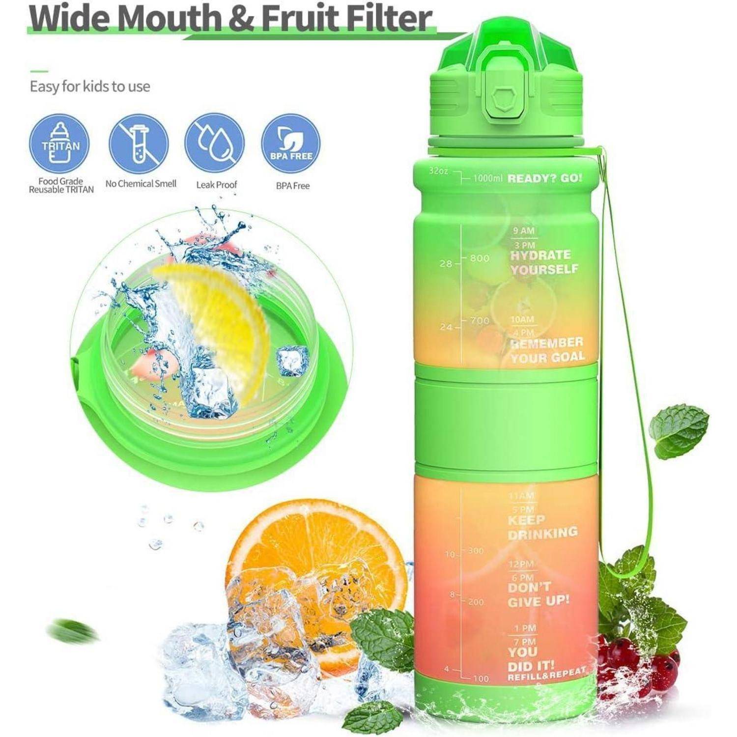 Grüne und orangefarbene Farbverlauf-Wasserflasche mit Zeitmarkierungen und motivierenden Sprüchen. Merkmale sind ein breiter Flaschenhals und ein Fruchtfilter.