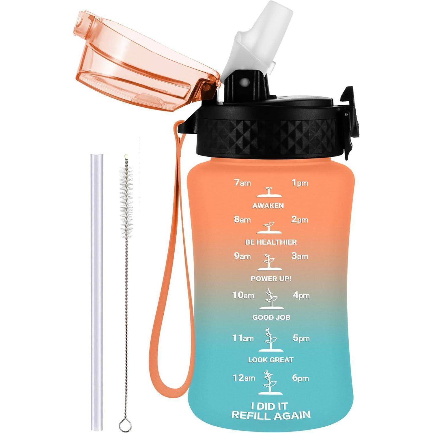 Wasserflache mit Gradient-Design und Zeitmarkierungen sowie motivierenden Sprüchen wie 'ERWACHEN' und 'ENERGIE AUFLADEN!', zur Verfolgung von Hydratationszielen von 7 Uhr morgens bis 18 Uhr. Inklusive Strohhalm und Reinigungsbürste.