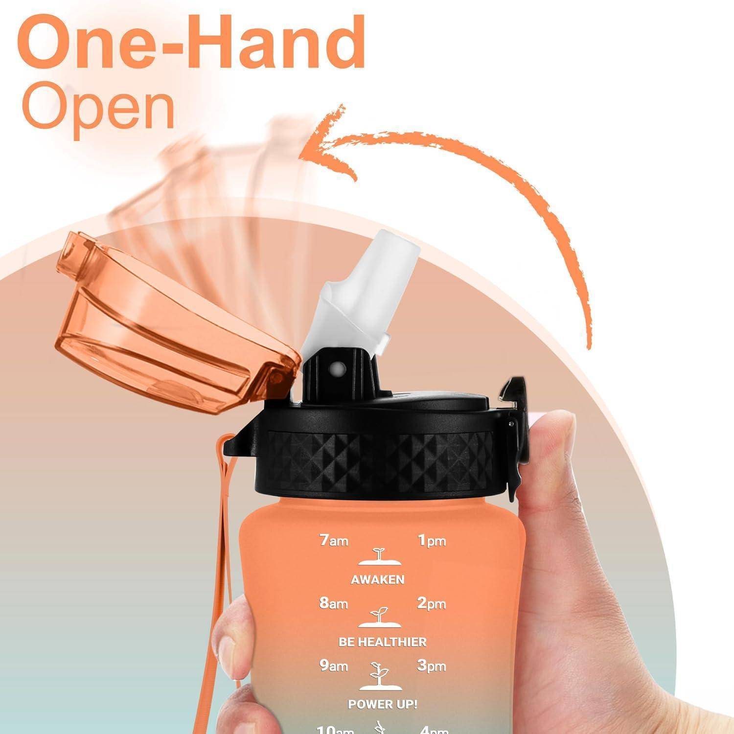 Eine Hand, die eine Wasserflasche hält, mit einer markierten Zeitleiste für die Wasseraufnahme. Text liest sich: "Mit einer Hand öffnen"". Pfeile zeigen die Öffnungsfunktion des Deckels.