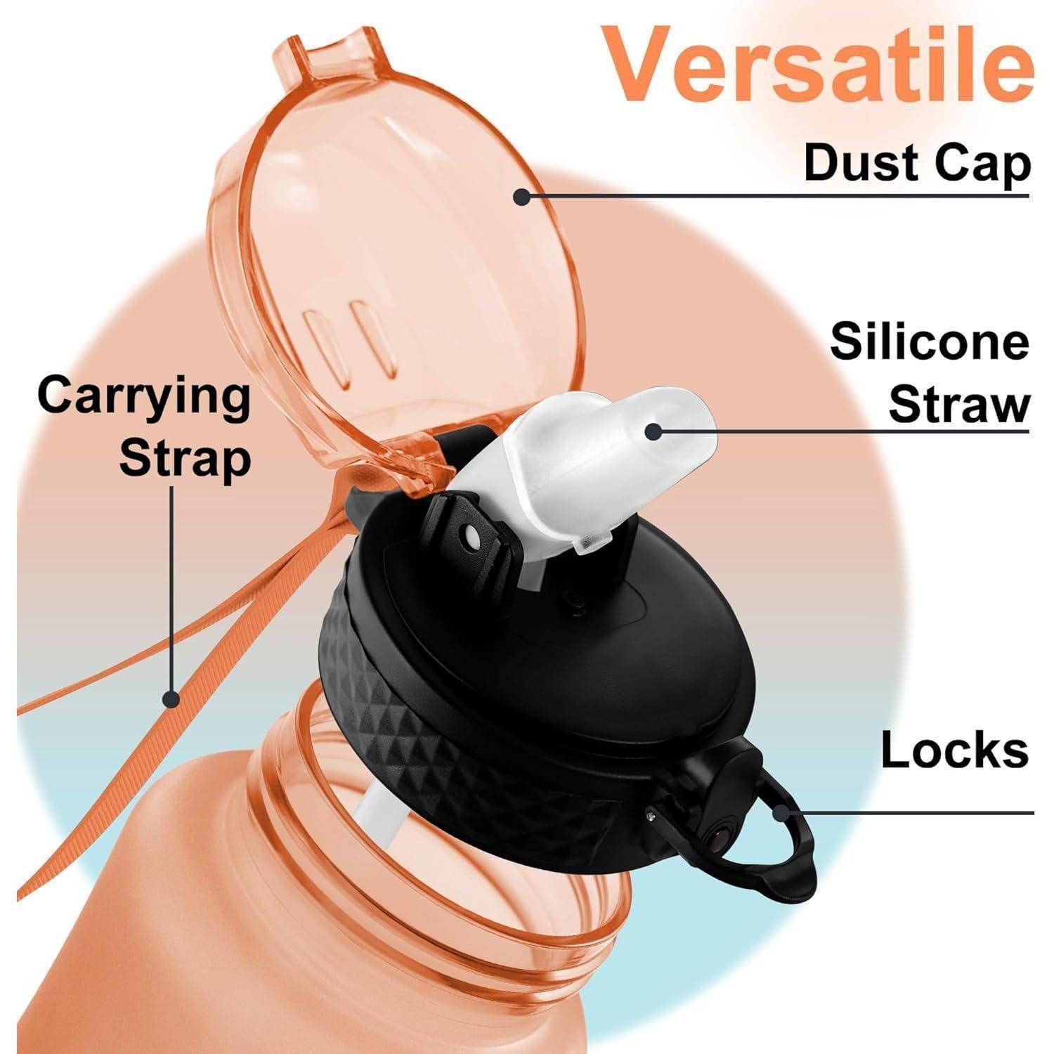 Orangefarbene Wasserflasche mit einem schwarzen Deckel. Ausstattungsmerkmale umfassen einen Staubschutzdeckel, einen Silikonstrohhalm, einen Trageriemen und ein Verschlusssystem. Beschriftet mit 'Vielseitig'.