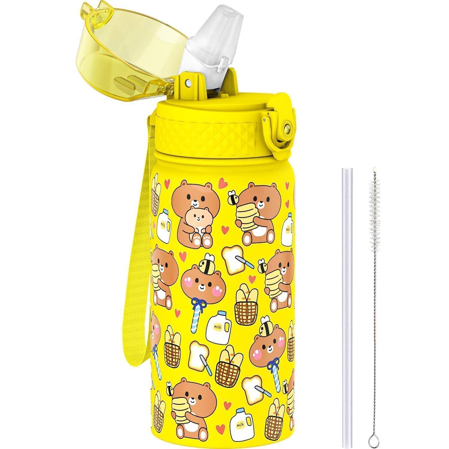 Wasserflasche Kinder 420ml Strohhalm Gelber Bär 420ml 14oz