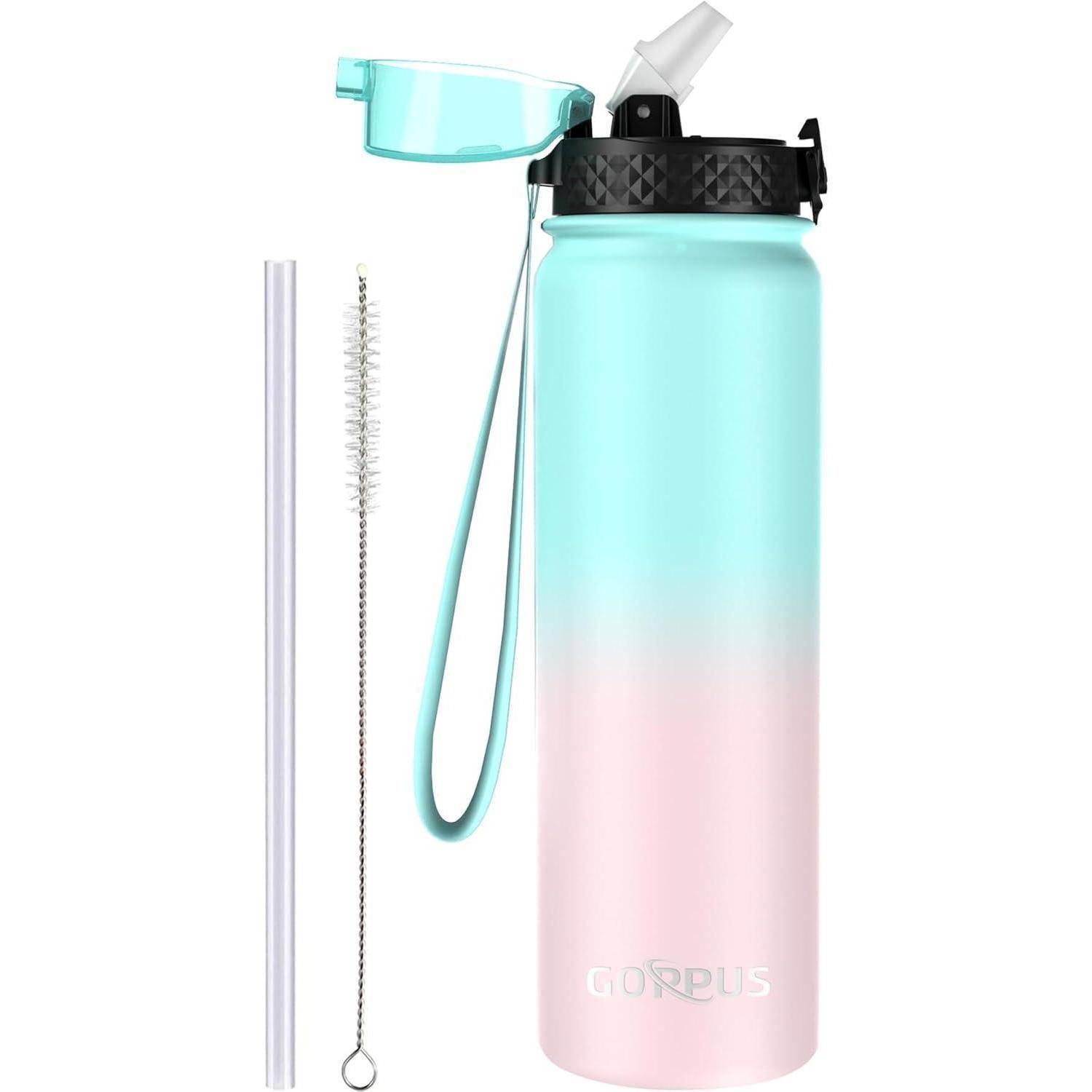 Trinkflasche 1L Edelstahl Strohhalm Auslaufsicher Grün Rosa 1000 ml