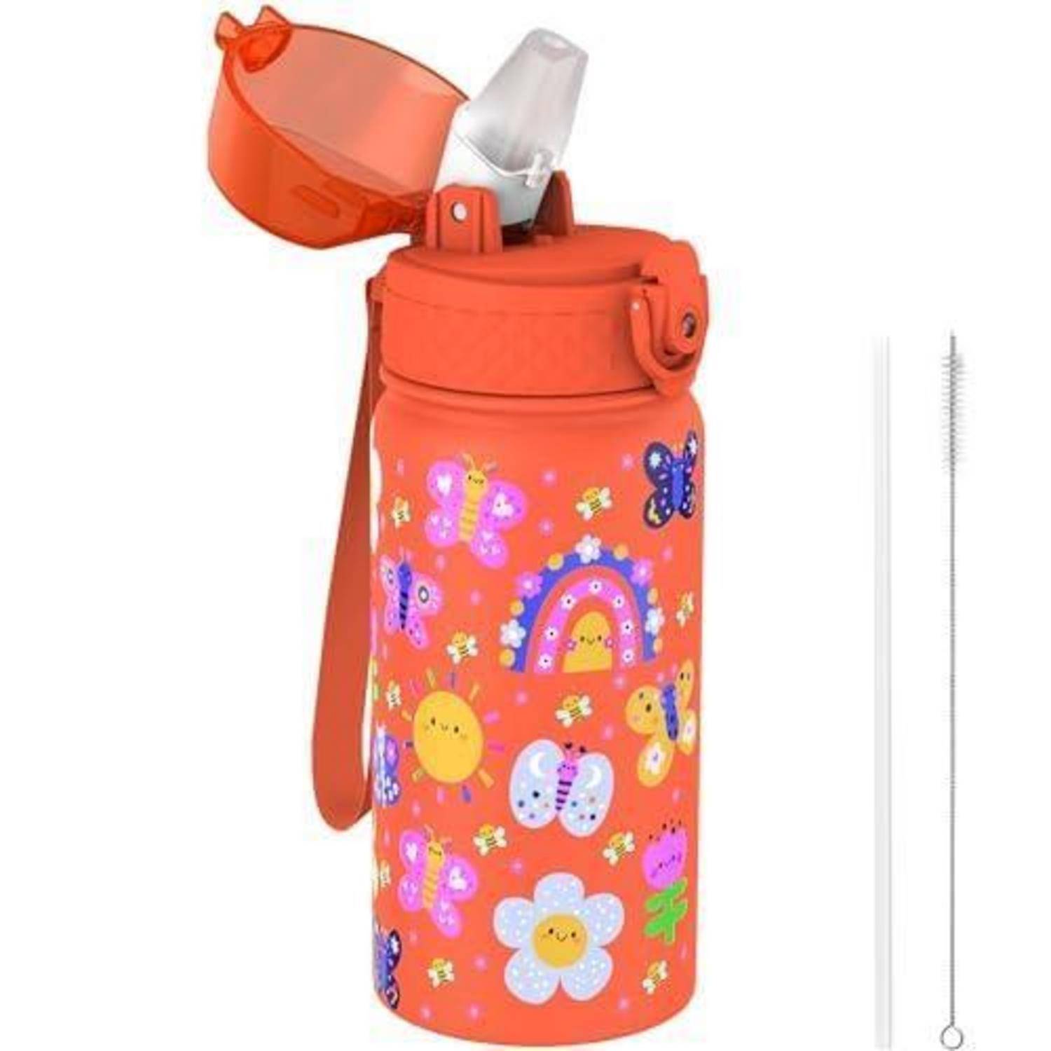 Eine bunte Wasserflasche, verziert mit Schmetterlingen, Regenbögen und Blumen, ausgestattet mit einem Klappdeckel, einem Trinktülle und einer Strohbürste.