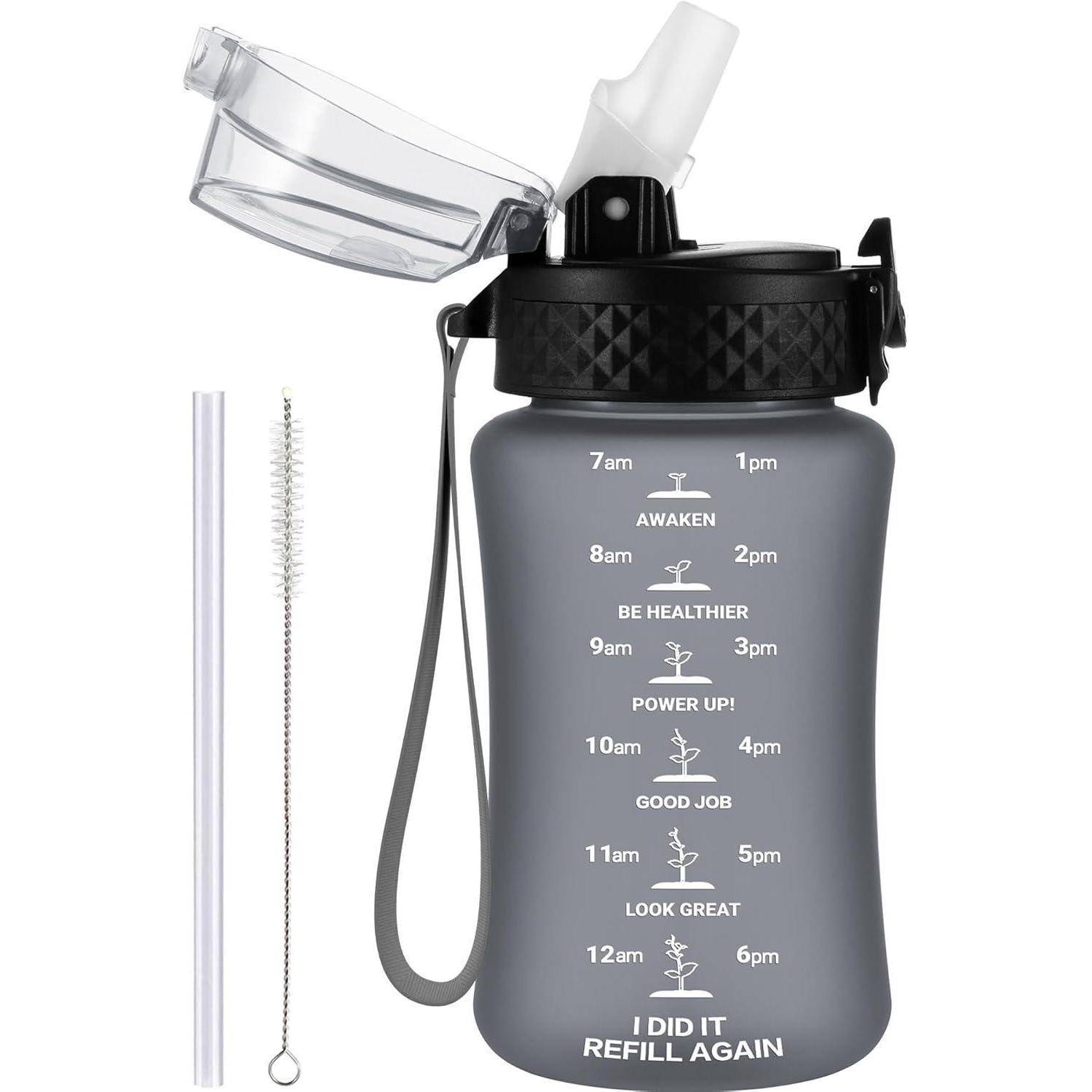 Trinkflasche Kinder Strohhalm 350ml BPAfrei 350ml 12oz-1 Deckel Grau