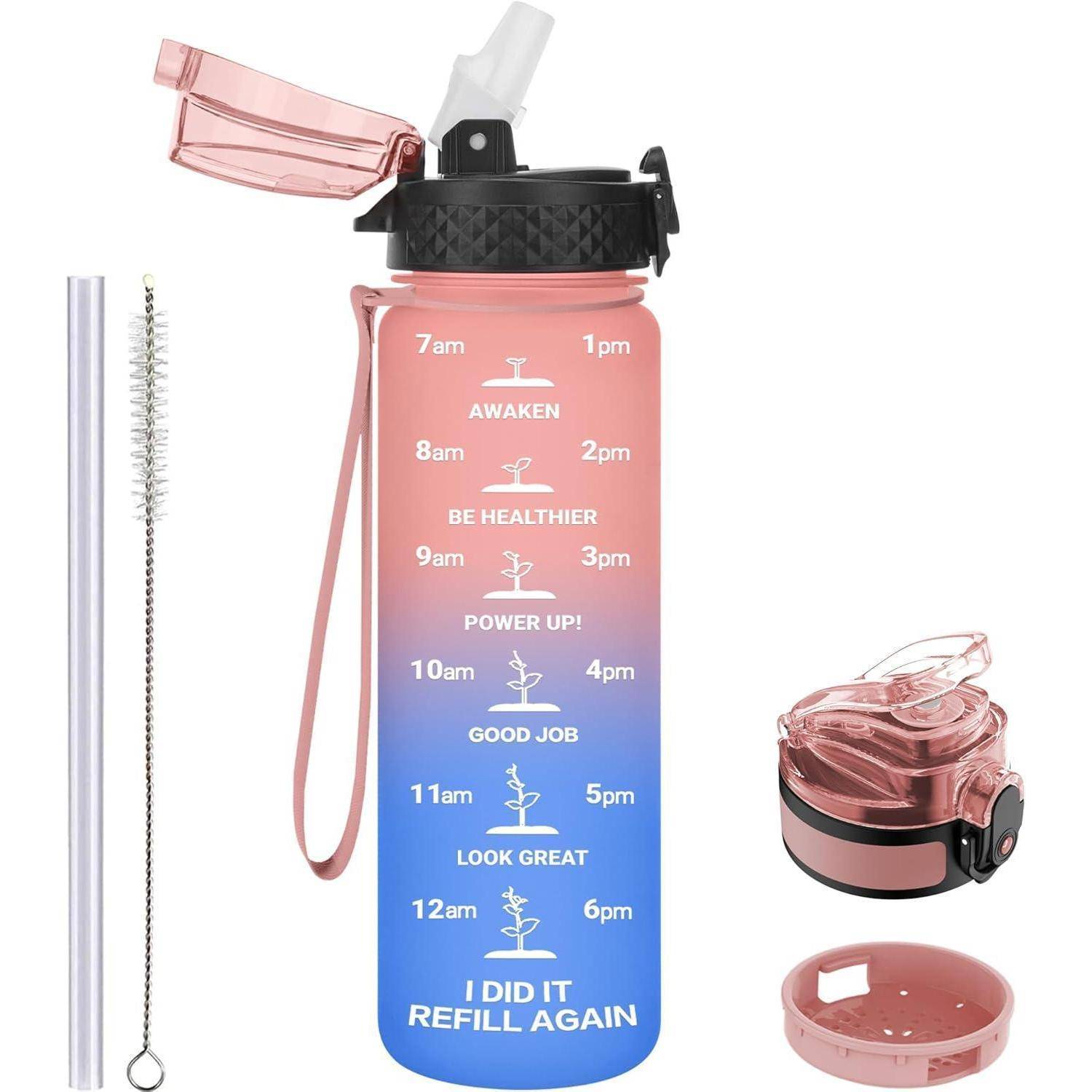 Eine Farbverlauf-Wasserflasche mit motivierenden Zeitstempeln von 7 Uhr morgens bis 18 Uhr. Zubehör umfasst einen Strohhalm, eine Bürste und einen Deckel.