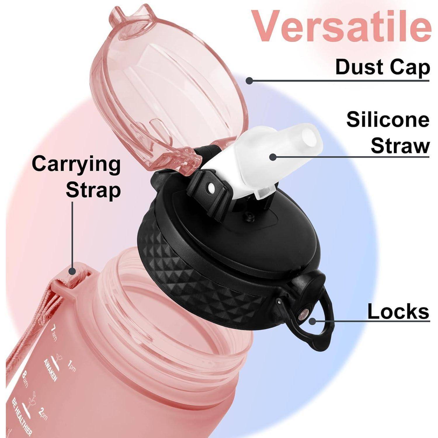 Vielseitige Wasserflasche mit Staubschutzdeckel, Silikonstrohhalm, Trageriemen und Verschlussmechanismus. Entwickelt für einfache Handhabung und Mobilität.