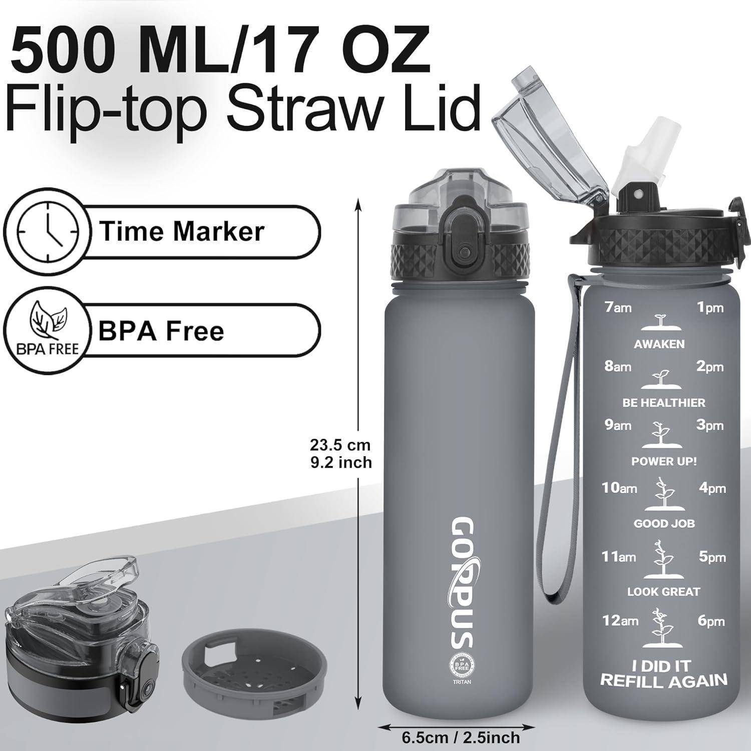 Wasserflaschen mit Flip-Top-Strohdeckeln und Zeitmarkierungen. Etiketten zeigen '500 ML/17 OZ', 'BPA-frei'. Flaschen messen 23,5 cm in der Höhe.