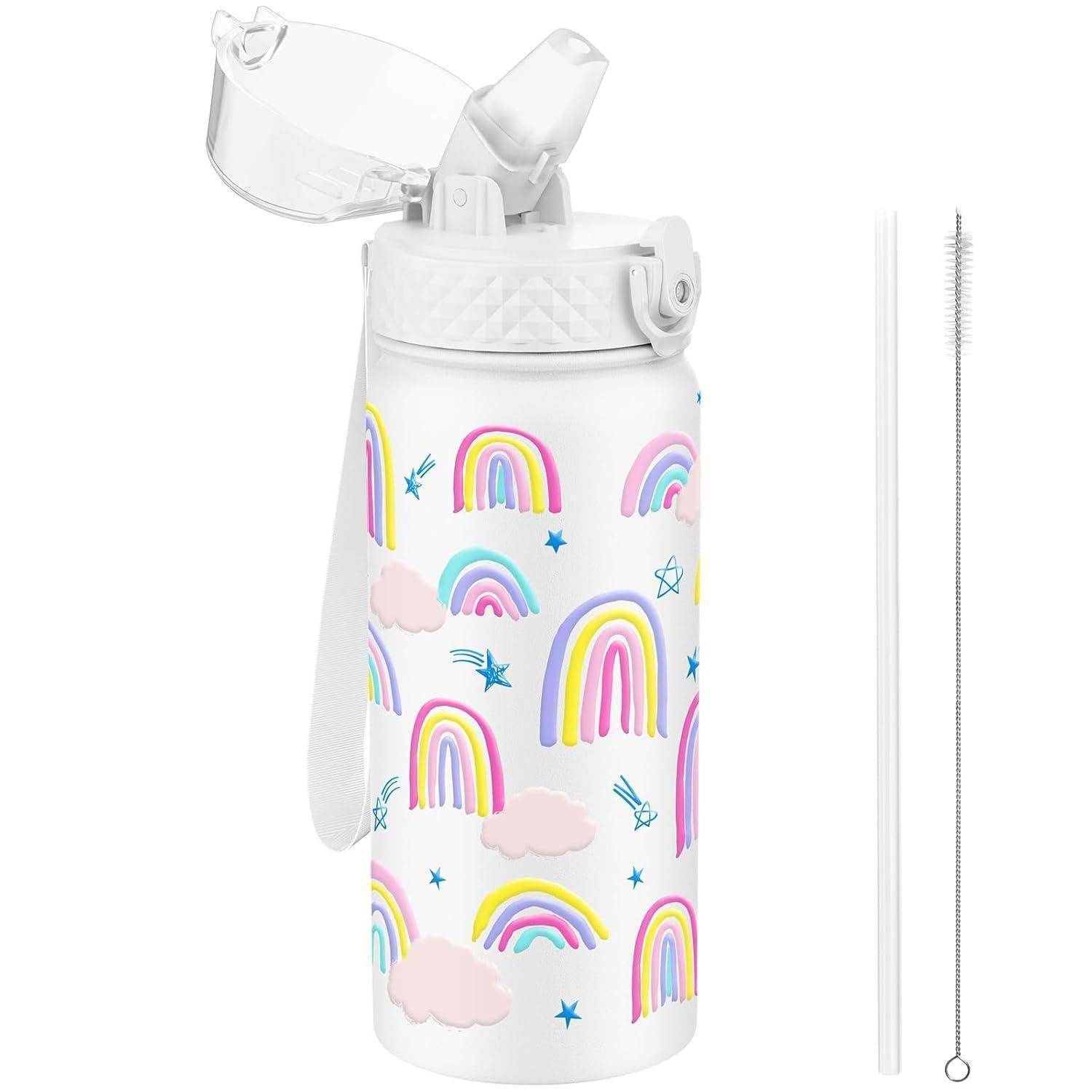 Trinkflasche Edelstahl Kinder Strohhalm Weißer Regenbogen 550ml 18oz