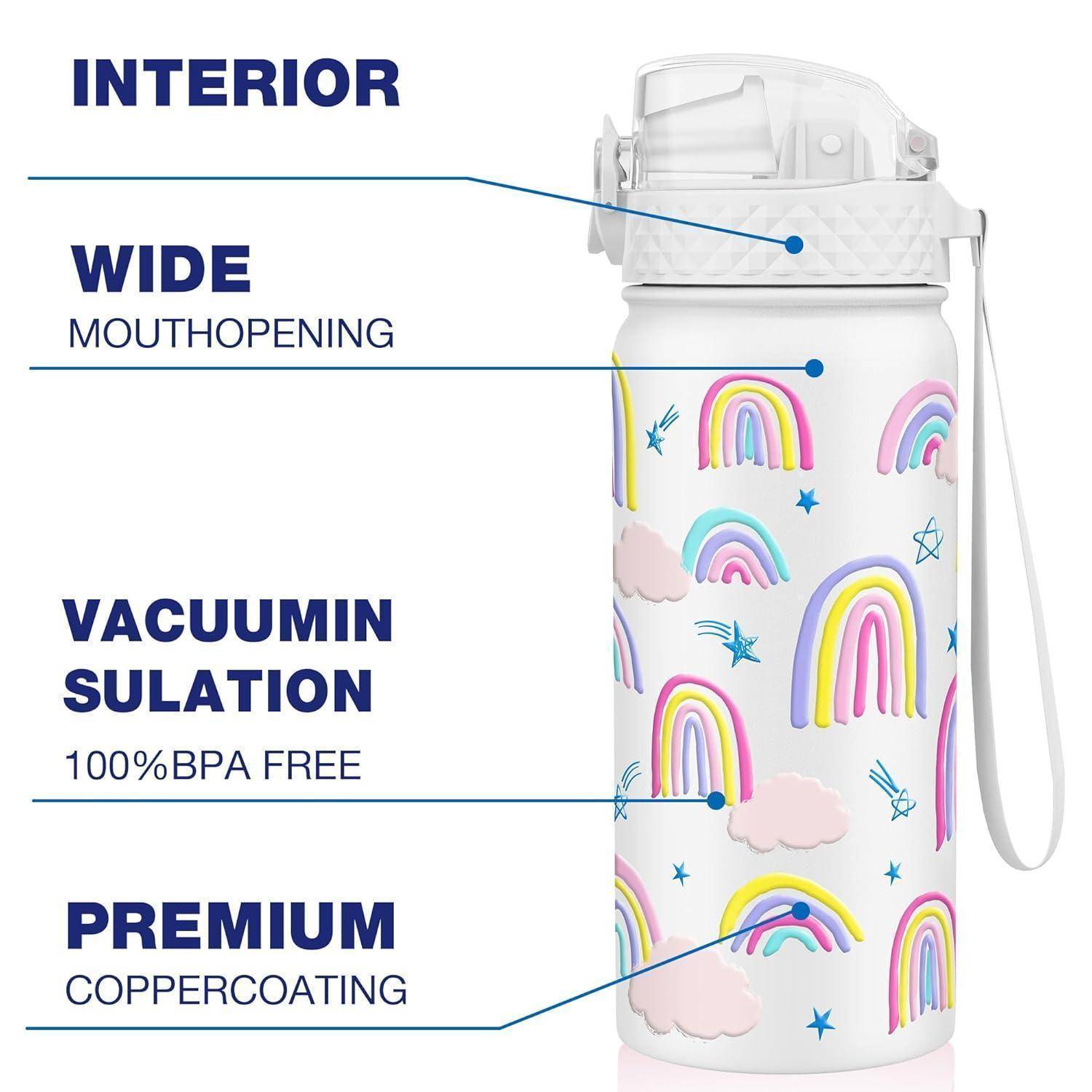 Trinkflasche Edelstahl Kinder Strohhalm Weißer Regenbogen 550ml 18oz
