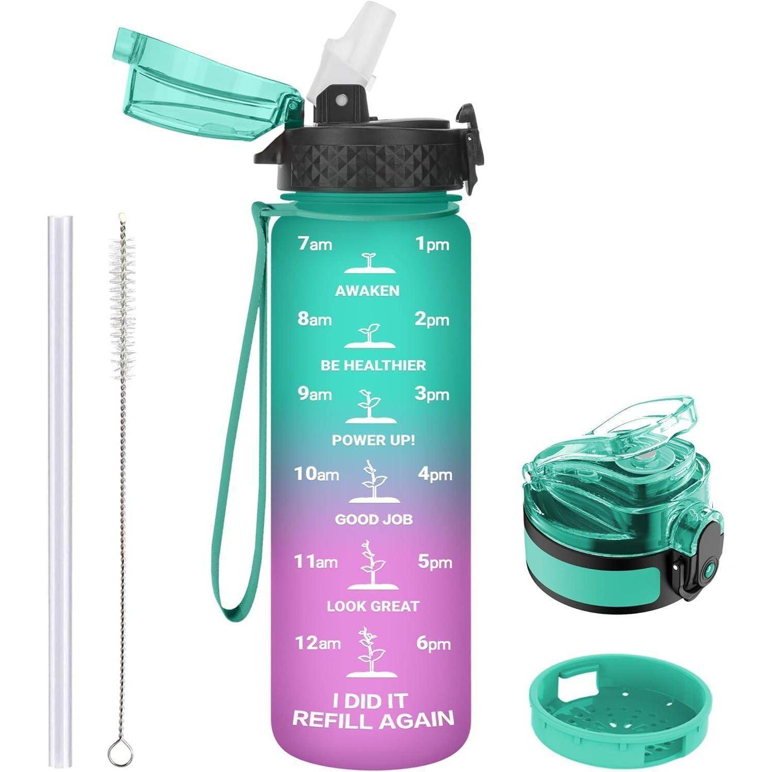 Trinkflasche Kinder Auslaufsicher Strohhalm 500 ml 2 Deckel Grün Lila