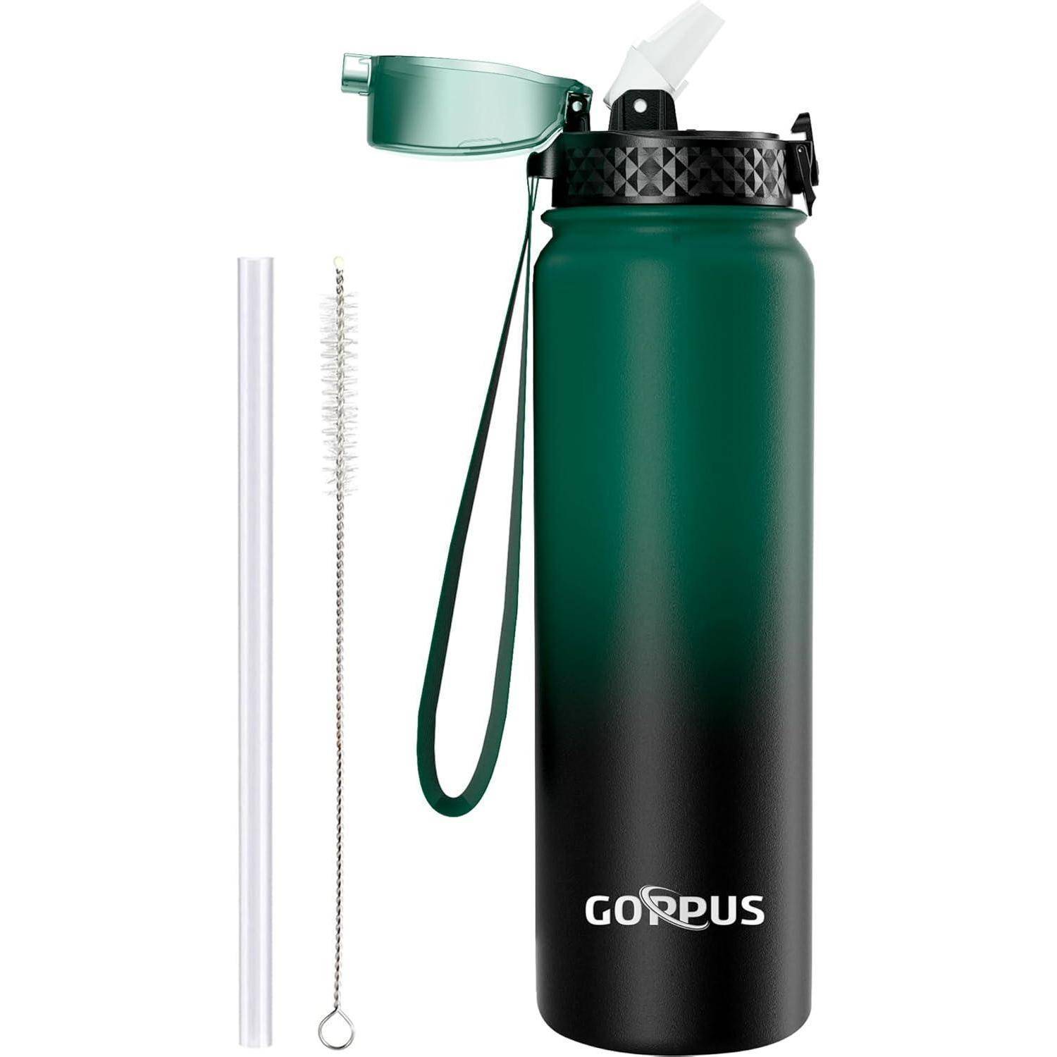 Thermosflasche Edelstahl 1L Grün Schwarz 1000ml 32oz-1 Deckel