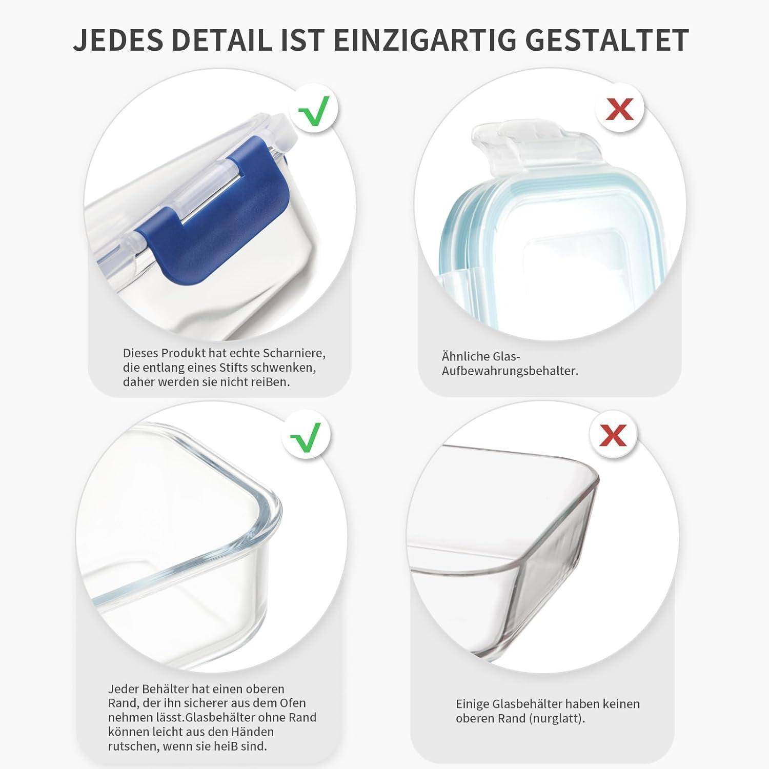 Das Bild zeigt vier Glasbehälter mit Beschreibungen: einen Deckelgelenkmechanismus, eine Eckgestaltung, einen dichten Verschluss und einen Vergleich mit anderen Behältern.