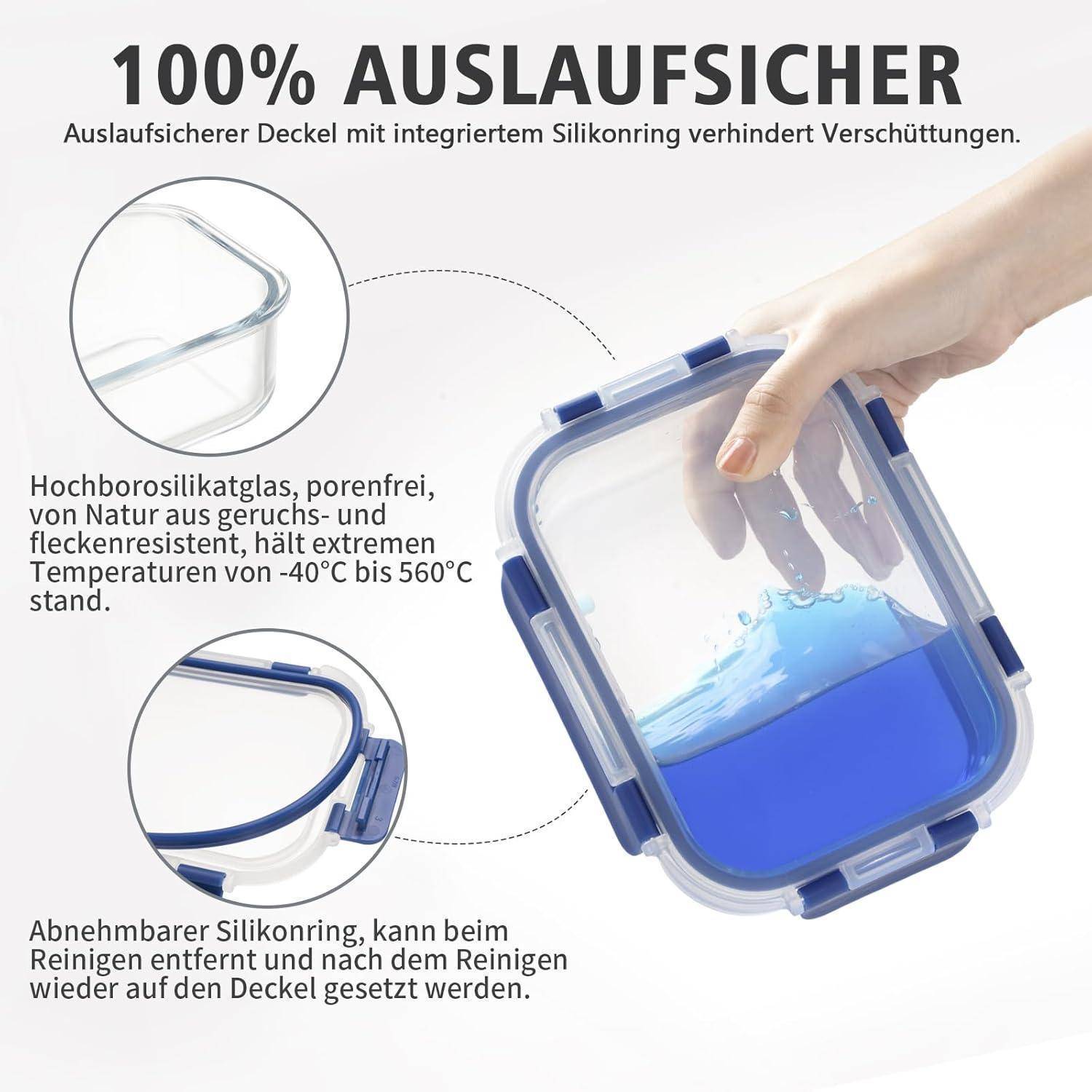 Ein durchsichtiger Lebensmittelbehälter mit blauer Flüssigkeit demonstriert die Dichtigkeit. Der Text hebt Eigenschaften wie Geruchsresistenz und Temperaturbeständigkeit hervor.
