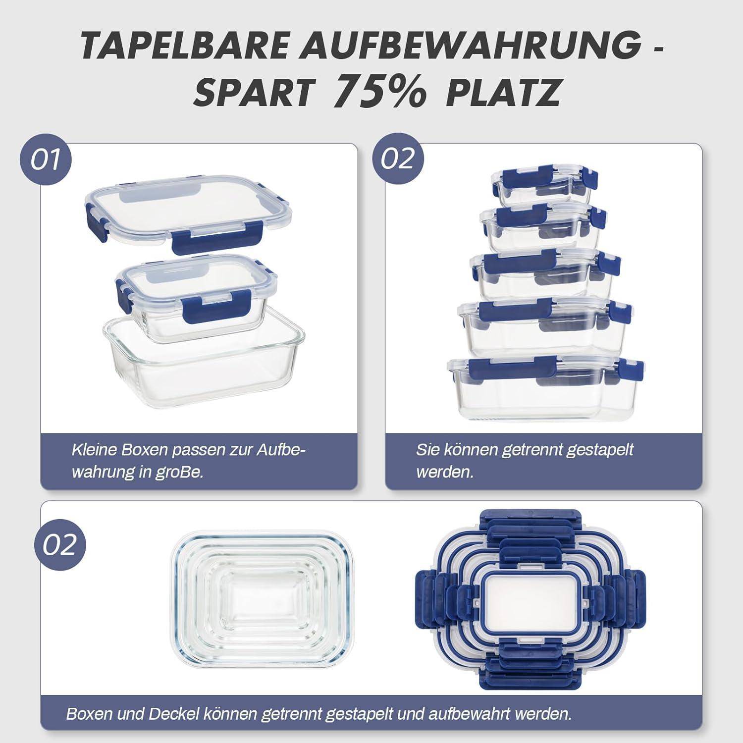 Stapelbare Aufbewahrungsbehälter in verschiedenen Größen mit blauen Deckeln, die eine Platzersparnis von bis zu 75% ermöglichen. Geeignet zum Stapeln und effizienten Verstauen von Gegenständen.
