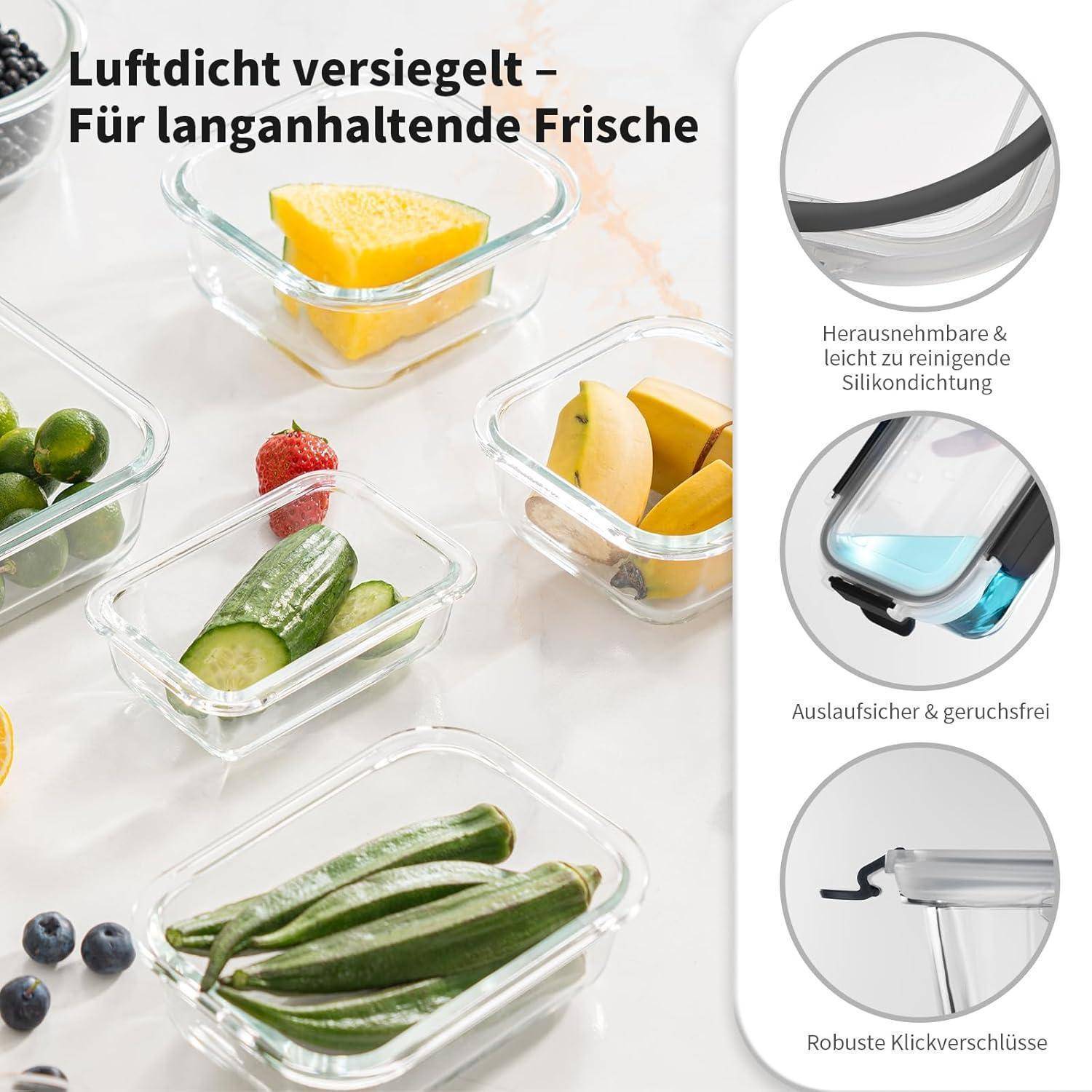 Verschiedene Obst- und Gemüsesorten in luftdichten Glasbehältern mit Silikonversiegelung, ausgestattet mit luftdichten Verschlüssen für langanhaltende Frische.