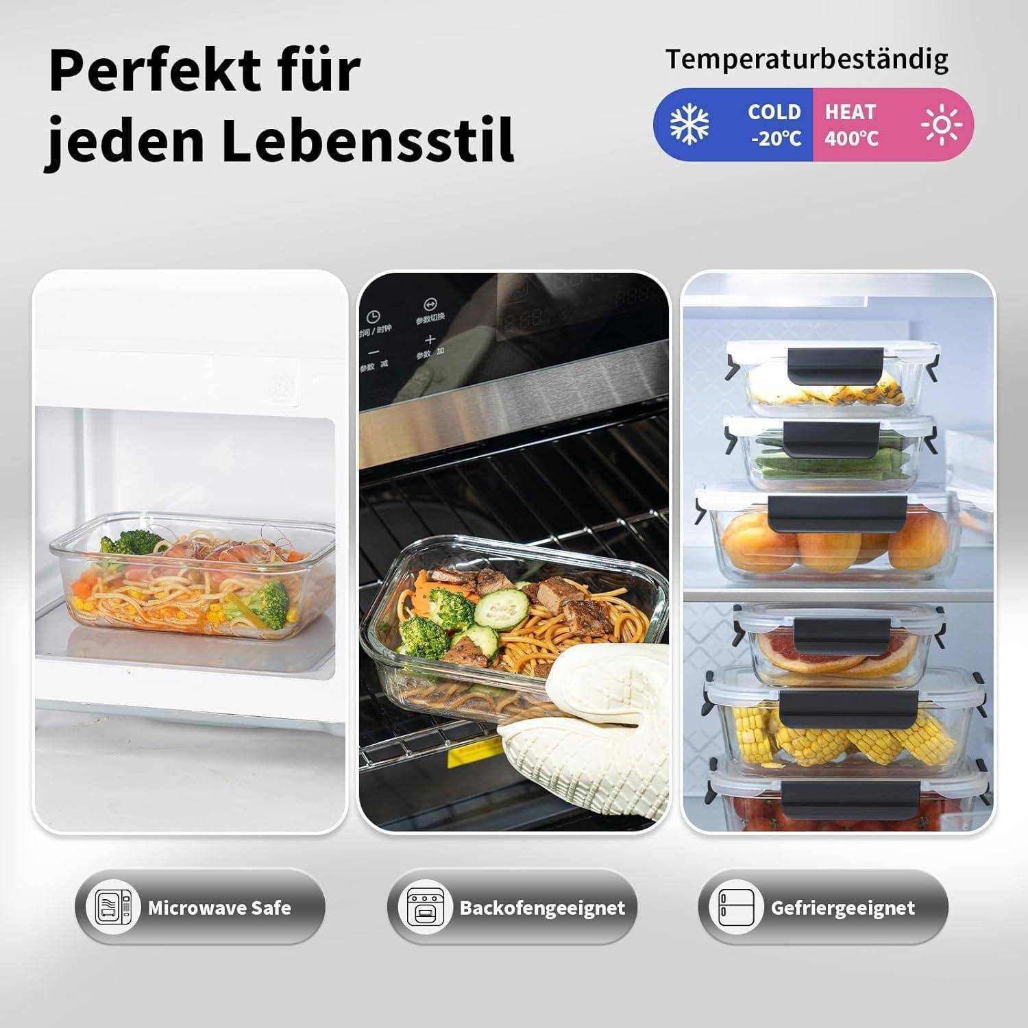 Glasbehälter mit Pasta und Gemüse, dargestellt im Kühlschrank, Ofen und Gefrierschrank. Merkmale umfassen Mikrowellen-, Ofen- und Gefrierschranktauglichkeit.
