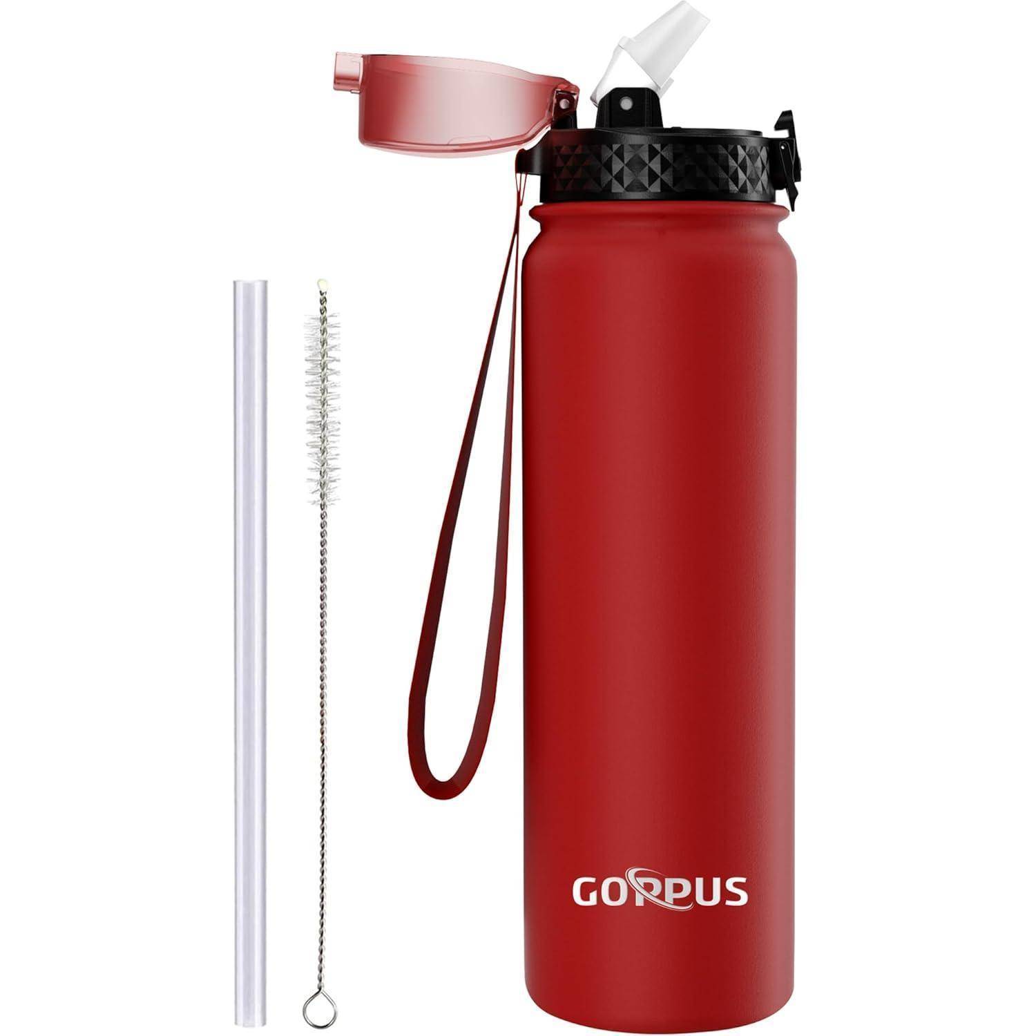 Thermosflasche Edelstahl Strohhalm Auslaufsicher 1L Rot 1000 ml
