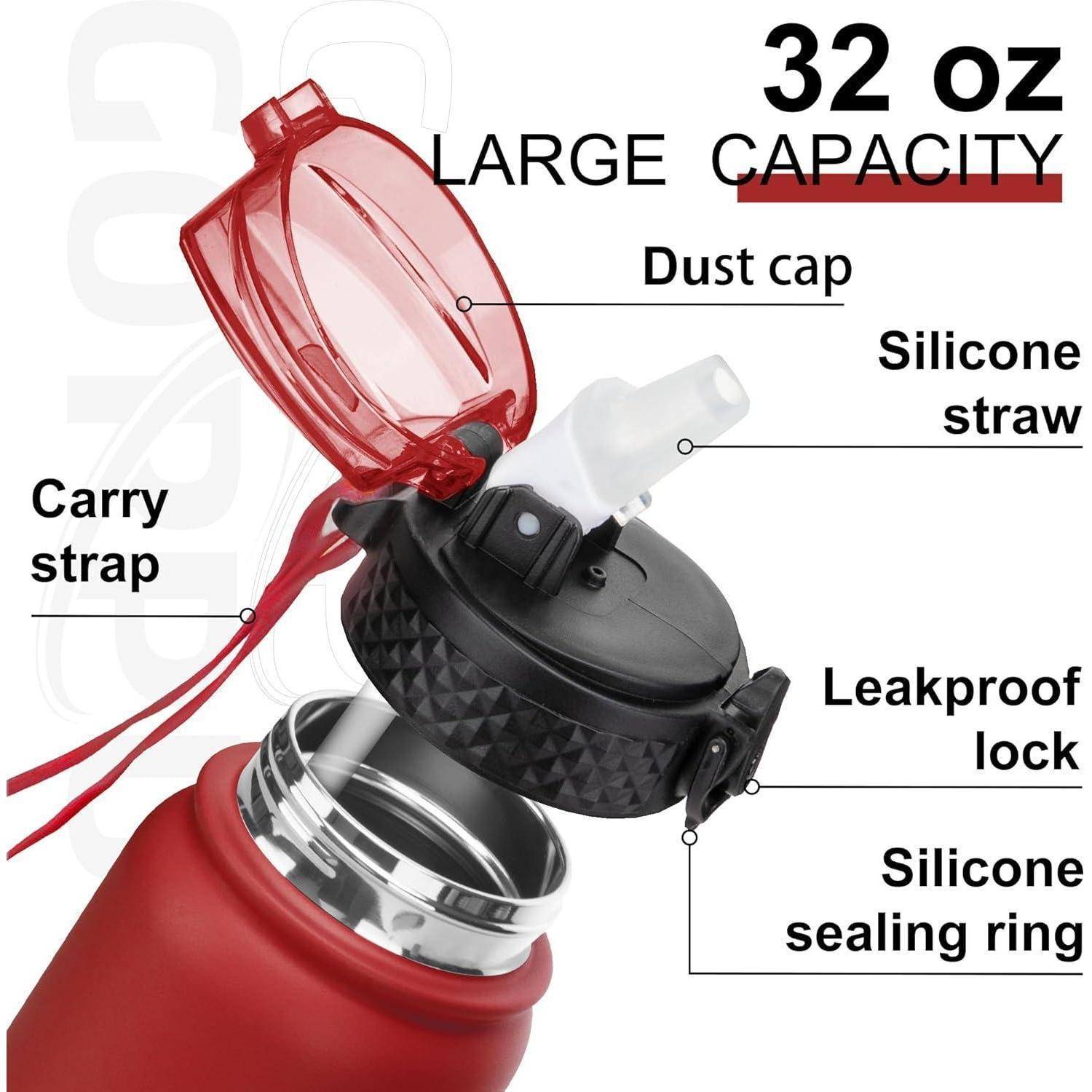 Thermosflasche Edelstahl Strohhalm Auslaufsicher 1L Rot 1000 ml