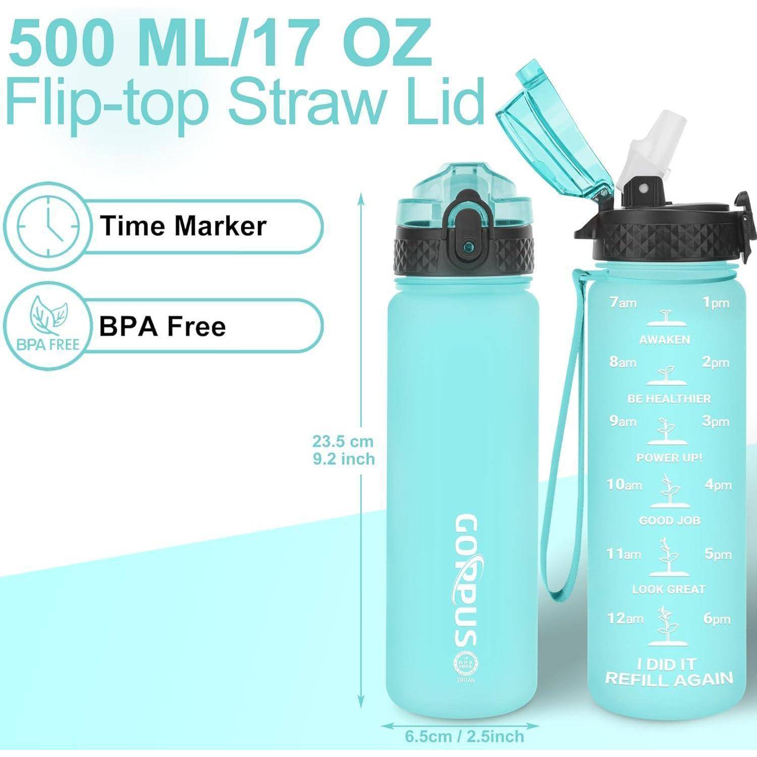 Blaue Wasserflasche mit Klappdeckel und Strohhalm, fasst 500 ml/17 oz. Ausgestattet mit einer Zeitmarkierung zur Erinnerung an die Flüssigkeitszufuhr. BPA-frei.