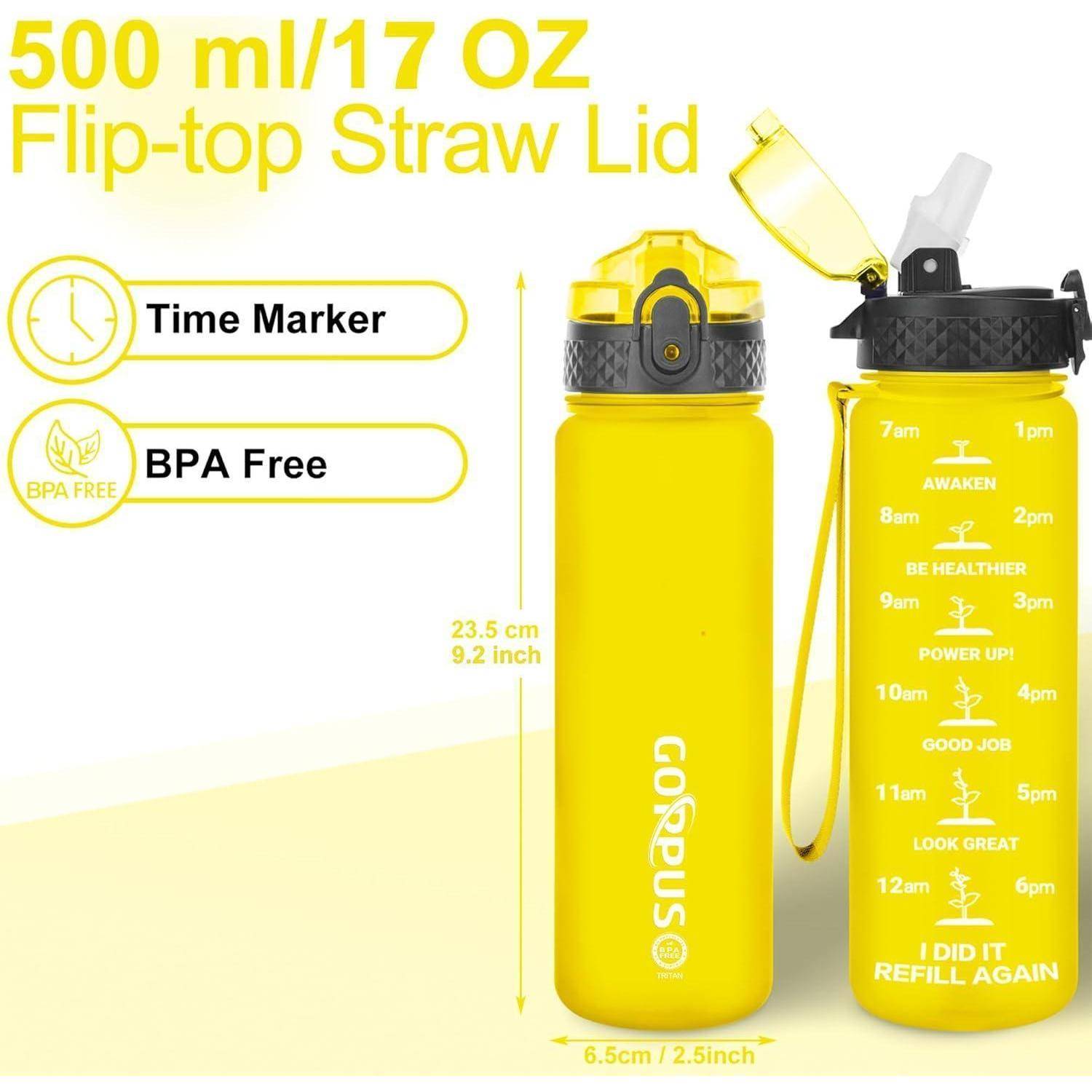 500 ml/17 OZ Flip-Top-Strohdeckel' gelbe Wasserflasche mit stündlichen Zeitmarkierungen und 'BPA-frei' Etikett.