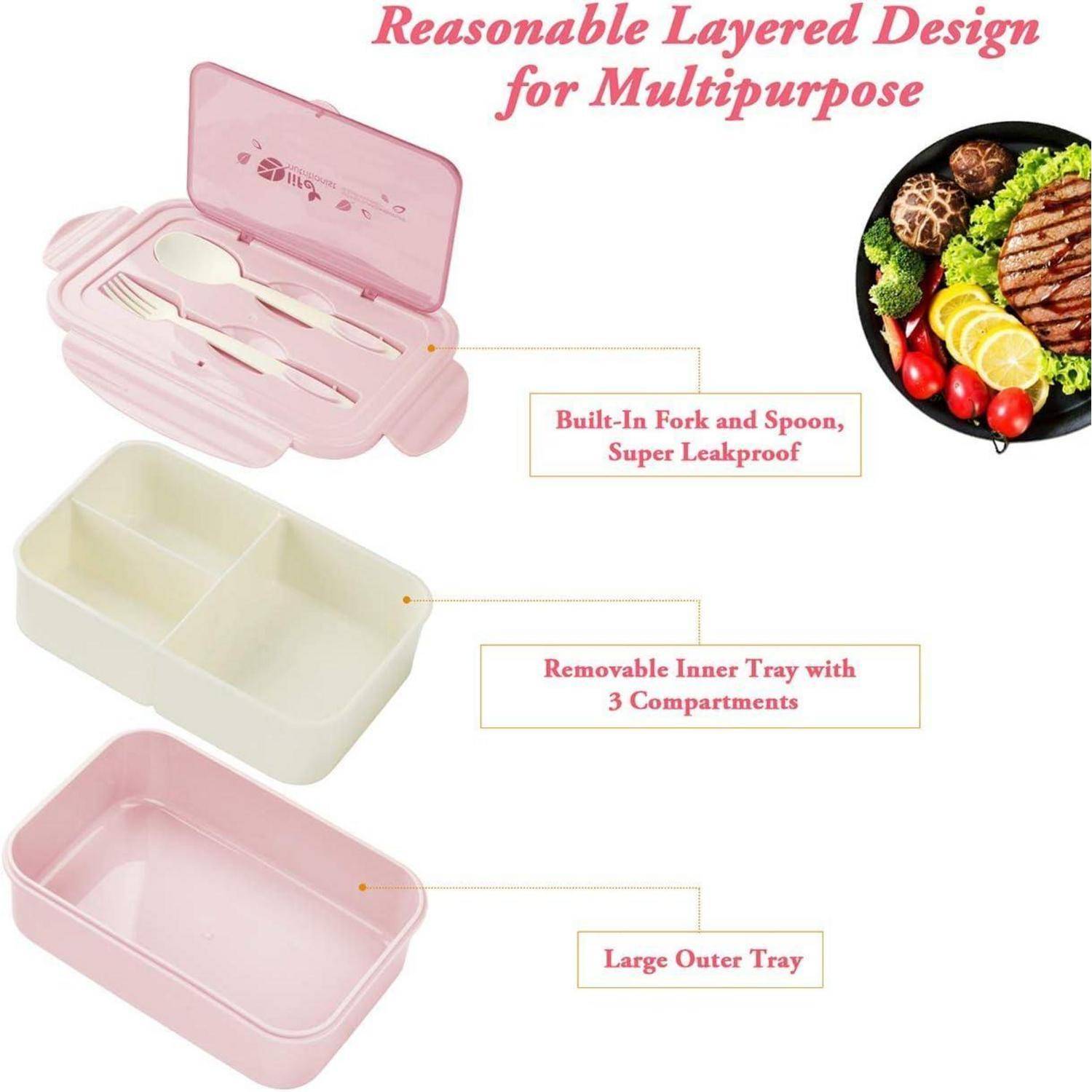 Lunchbox Bento 3 Fächer Besteck auslaufsicher Pink