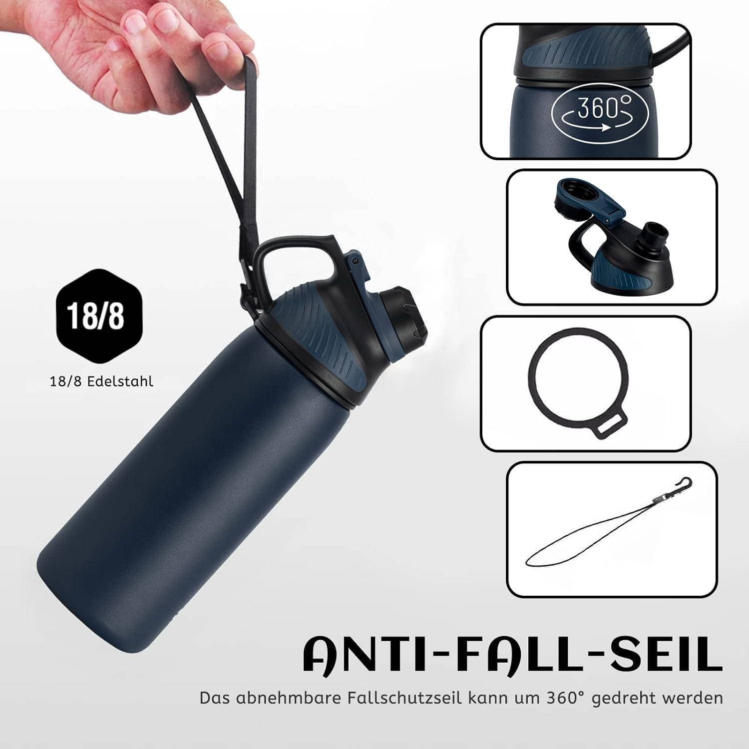 Wasserflasche mit angehängtem Sturz-Schutzriemen. Eigenschaften umfassen robustes 18/8 Edelstahl und 360° drehbares Design.