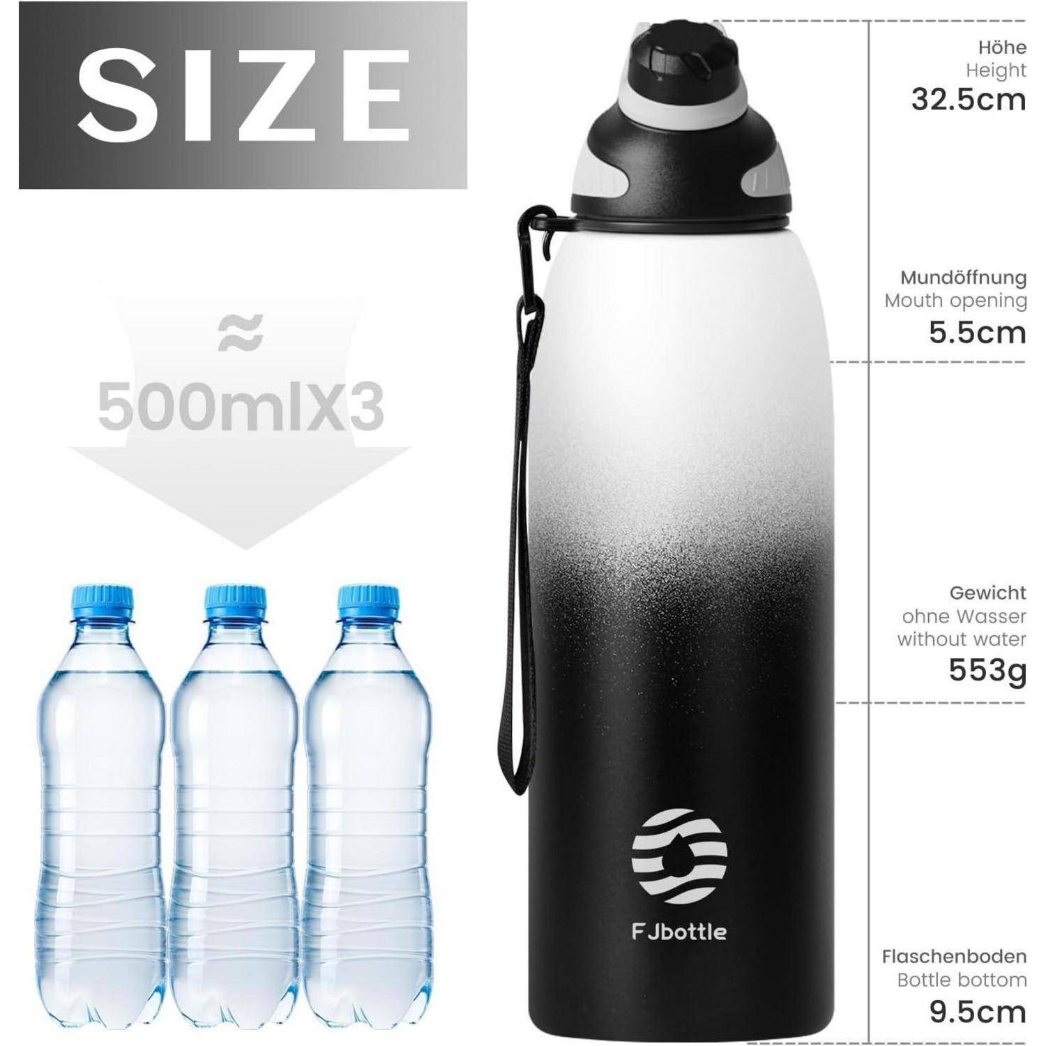 Trinkflasche Edelstahl 1500ml Thermo BPAfrei Weiß&schwarz 1500 ml