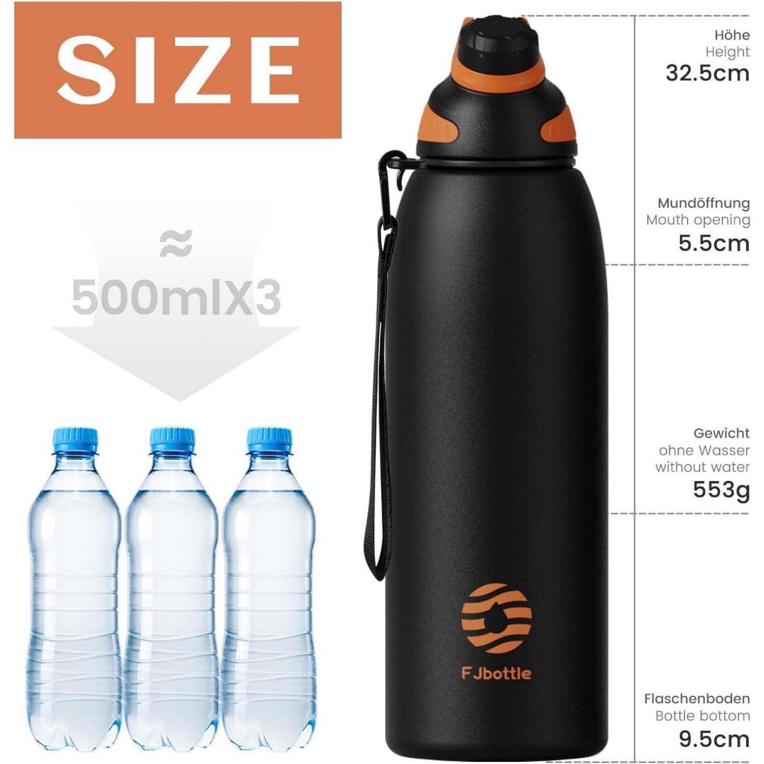 FJbottle' Wasserflasche in Schwarz mit orangefarbenen Akzenten, 32,5 cm Höhe, 5,5 cm Öffnungsdurchmesser, 553 g Gewicht, entspricht drei 500-ml-Flaschen.