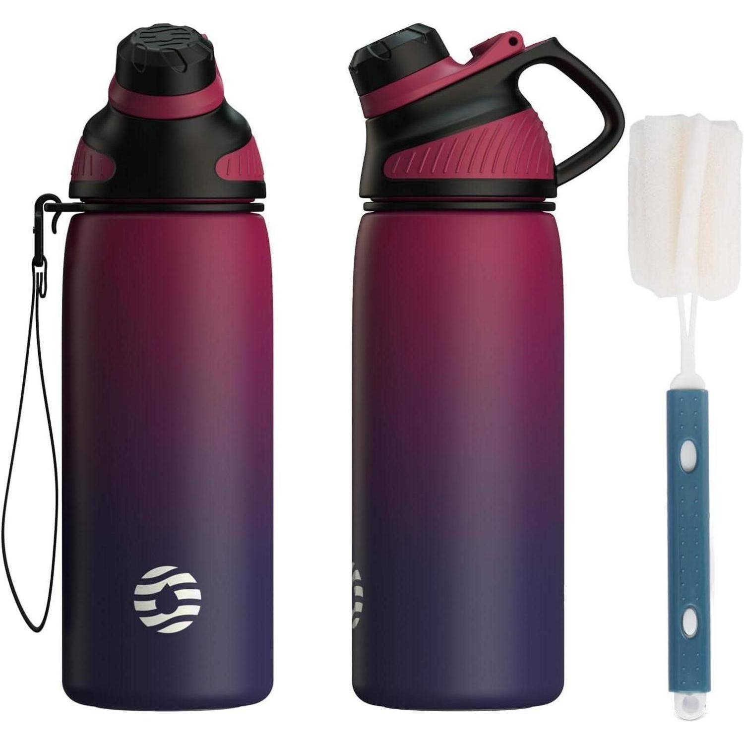 Zwei Wasserflaschen in Verlaufstönen von Lila und Rosa sind mit offenen und geschlossenen schwarzen Deckeln zu sehen. Rechts befindet sich eine Reinigungsbürste mit blauem Griff.