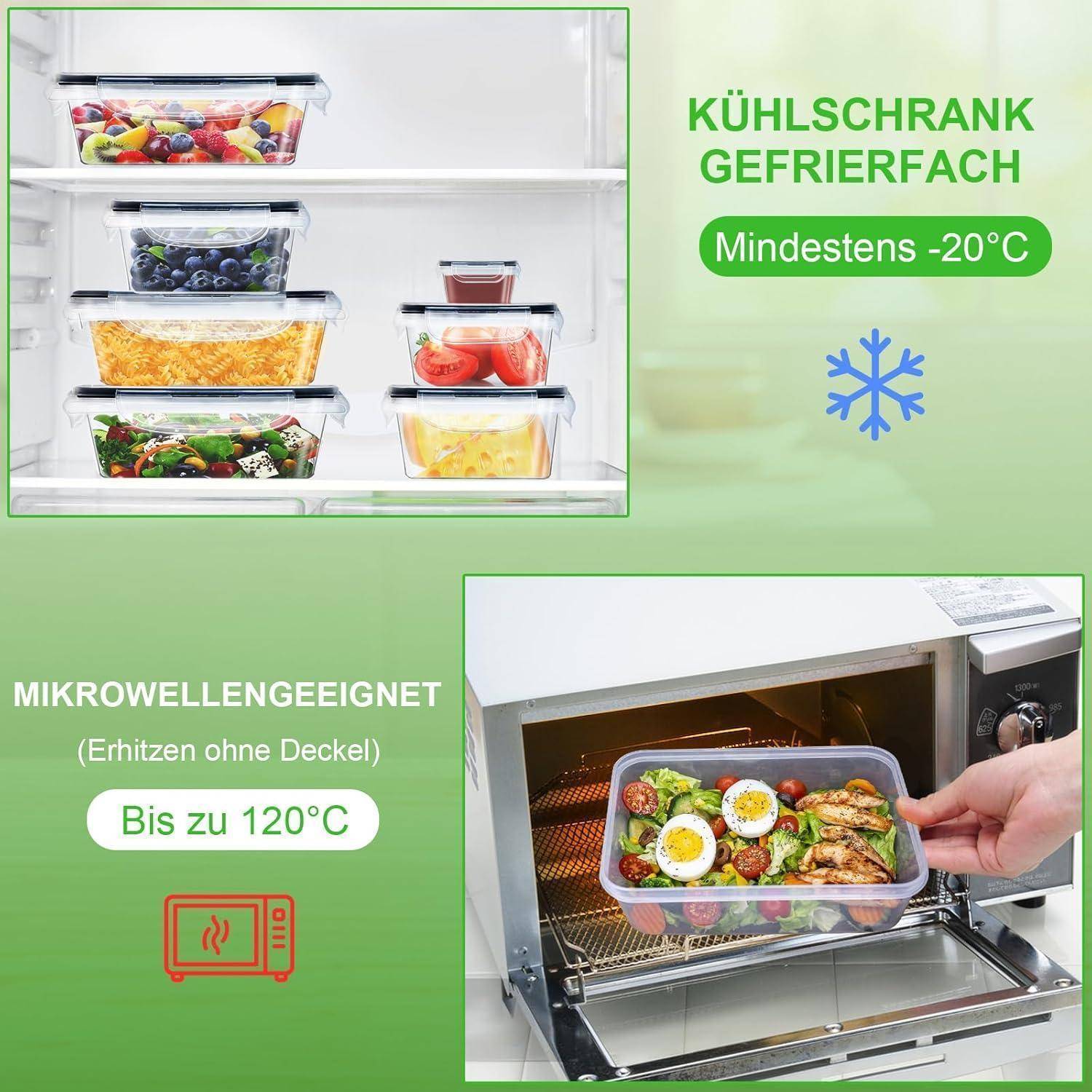 Lebensmittelbehälter werden in einem Kühlschrank und einem Mikrowellenherd gezeigt. Die Etiketten weisen darauf hin, dass sie Temperaturen von -20°C und bis zu 120°C standhalten können.