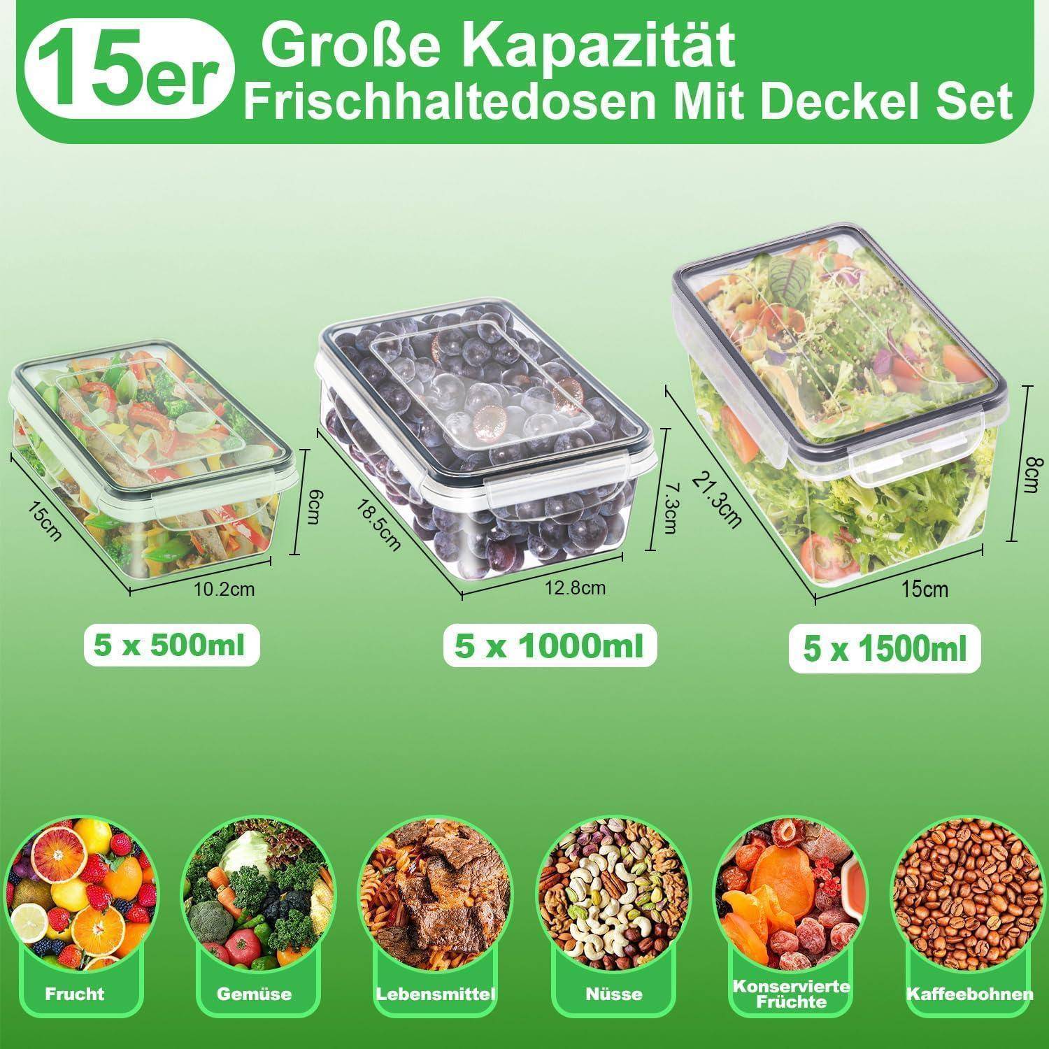 Set aus großen Lebensmittel-Aufbewahrungsbehältern mit grünen Deckeln. Umfasst 5 Behälter in je 500 ml, 1000 ml und 1500 ml. Geeignet für Obst, Gemüse, Nüsse, Konserven und Kaffeebohnen.